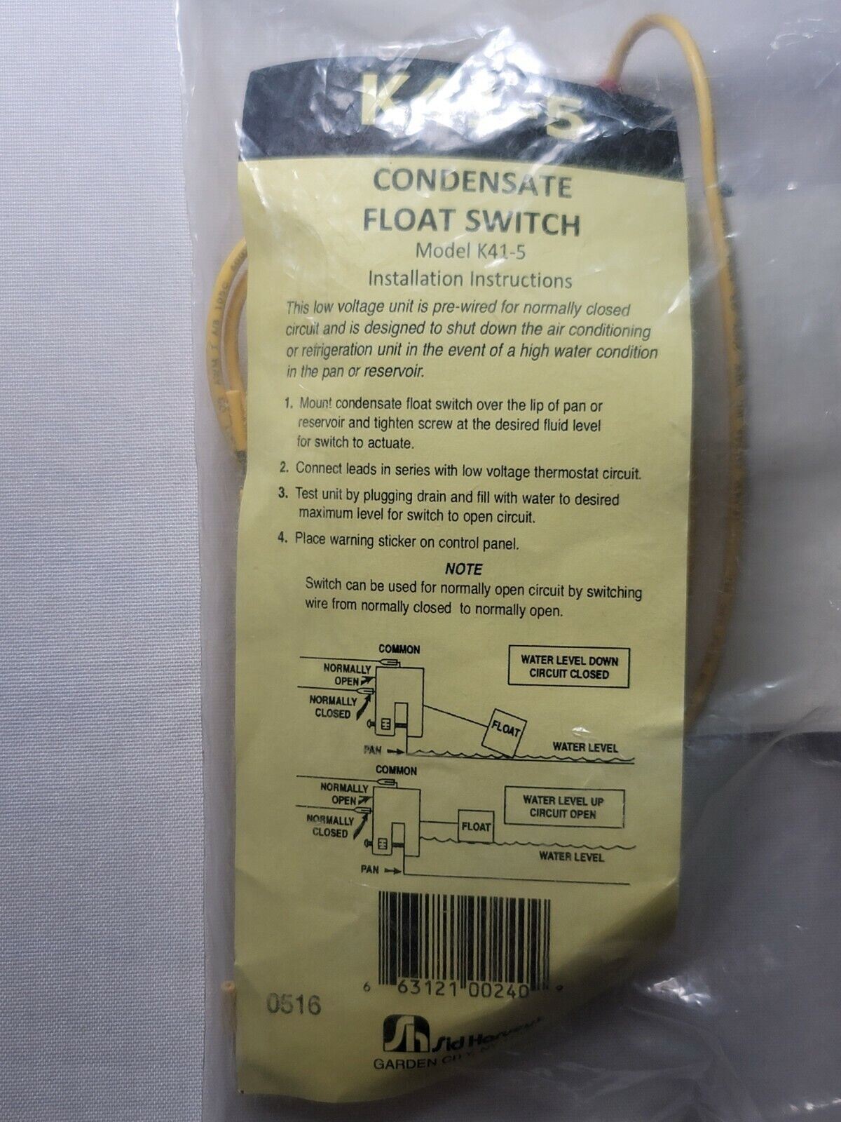 Sid Harvey’s K41-5, Condensate Drain Pan Float Switch, 60″ Lead, Made USA
