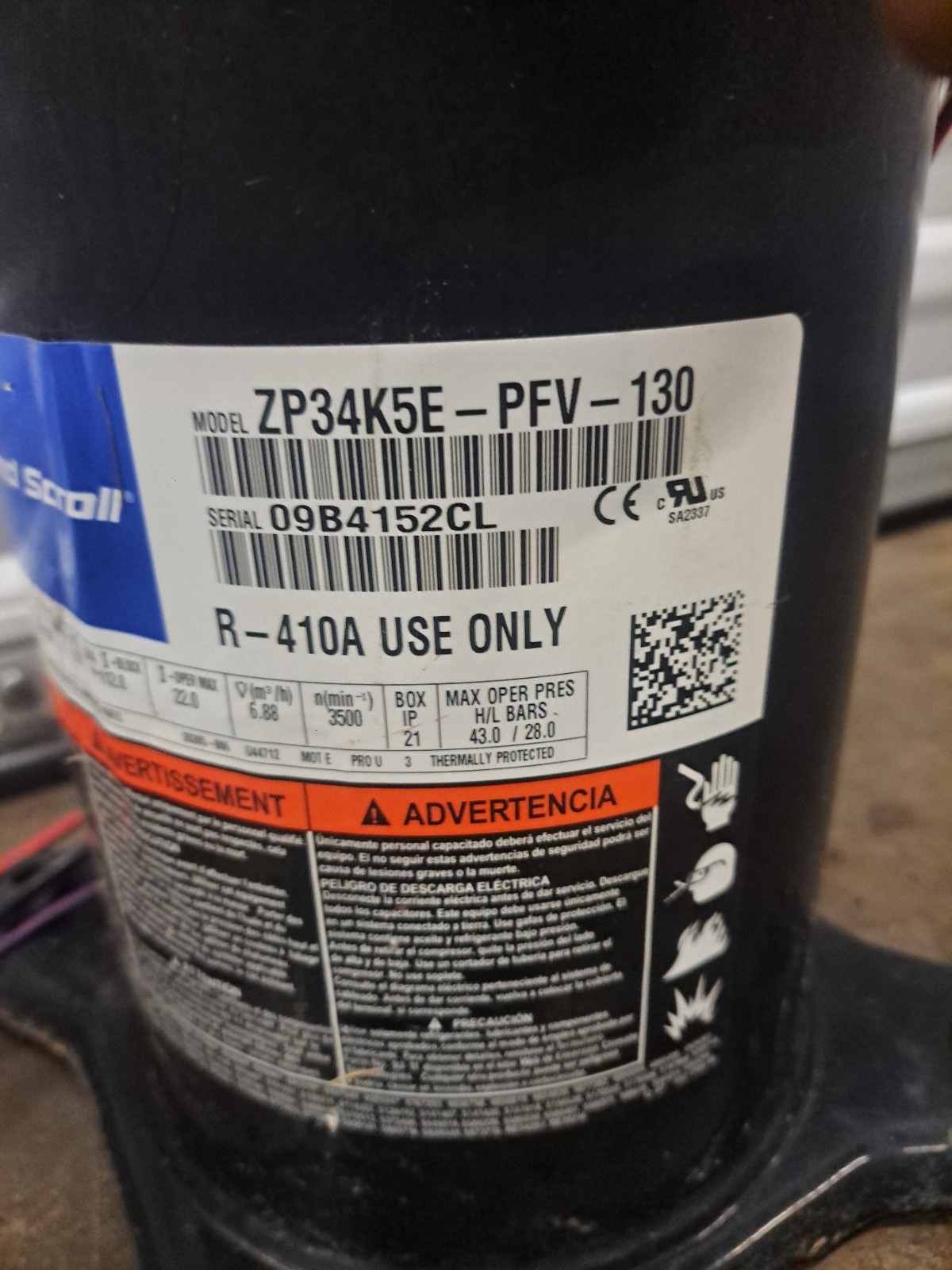 Copeland 3 ton Scroll Compressor ZP34K5E-PFV-130 for R-410A use only (S5T3)