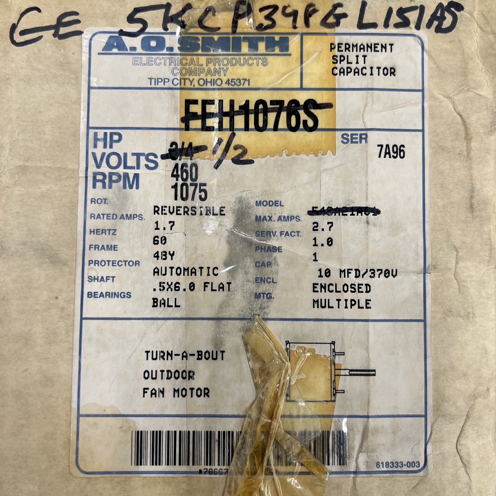 GE 5KCP39PG L151AS Blower Motor 1/2 HP 1075 RPM 1PH 115V Used