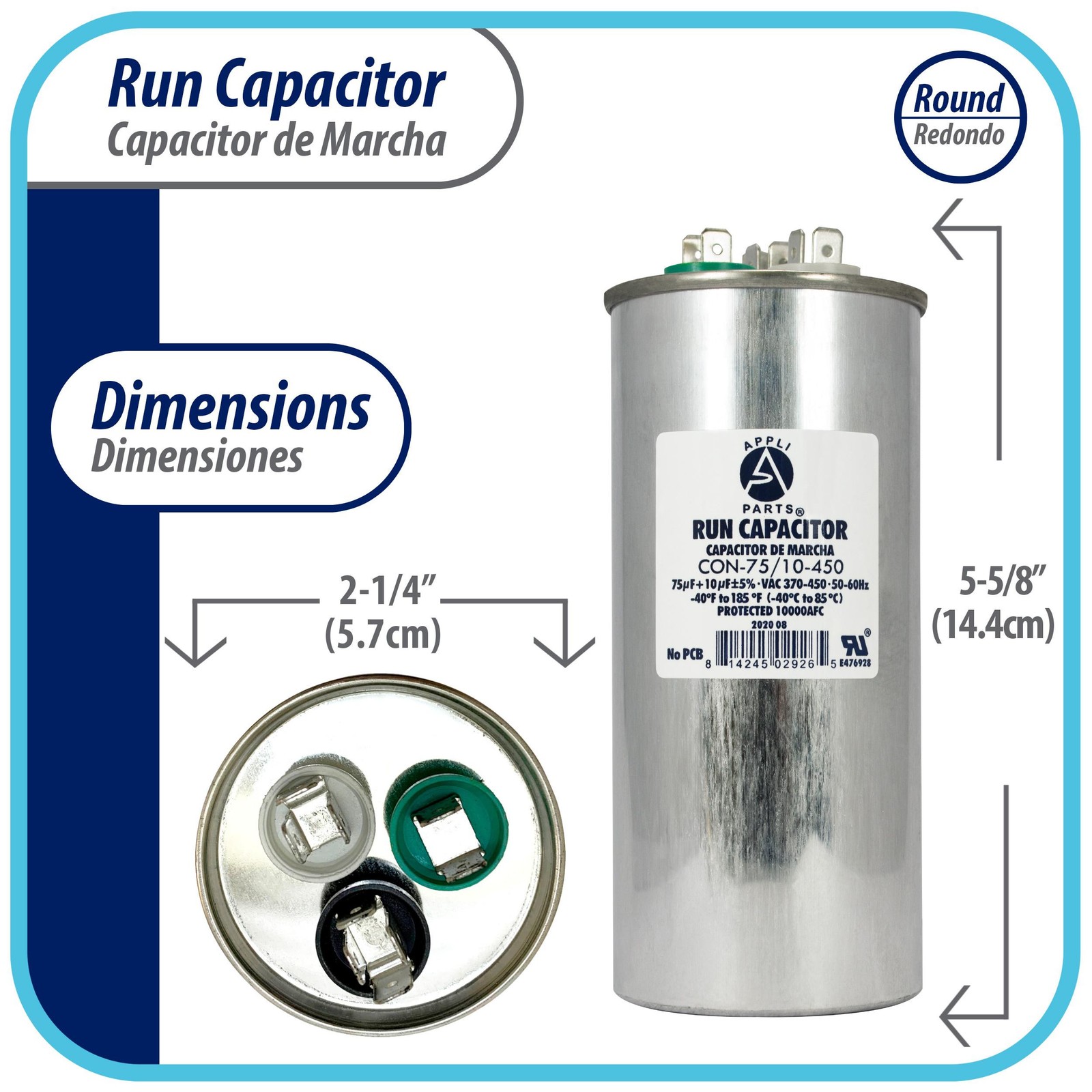 Appli Parts Dual Run Capacitor for ac 75+10 Mfd uF (microfarads) 370VAC or 450VA