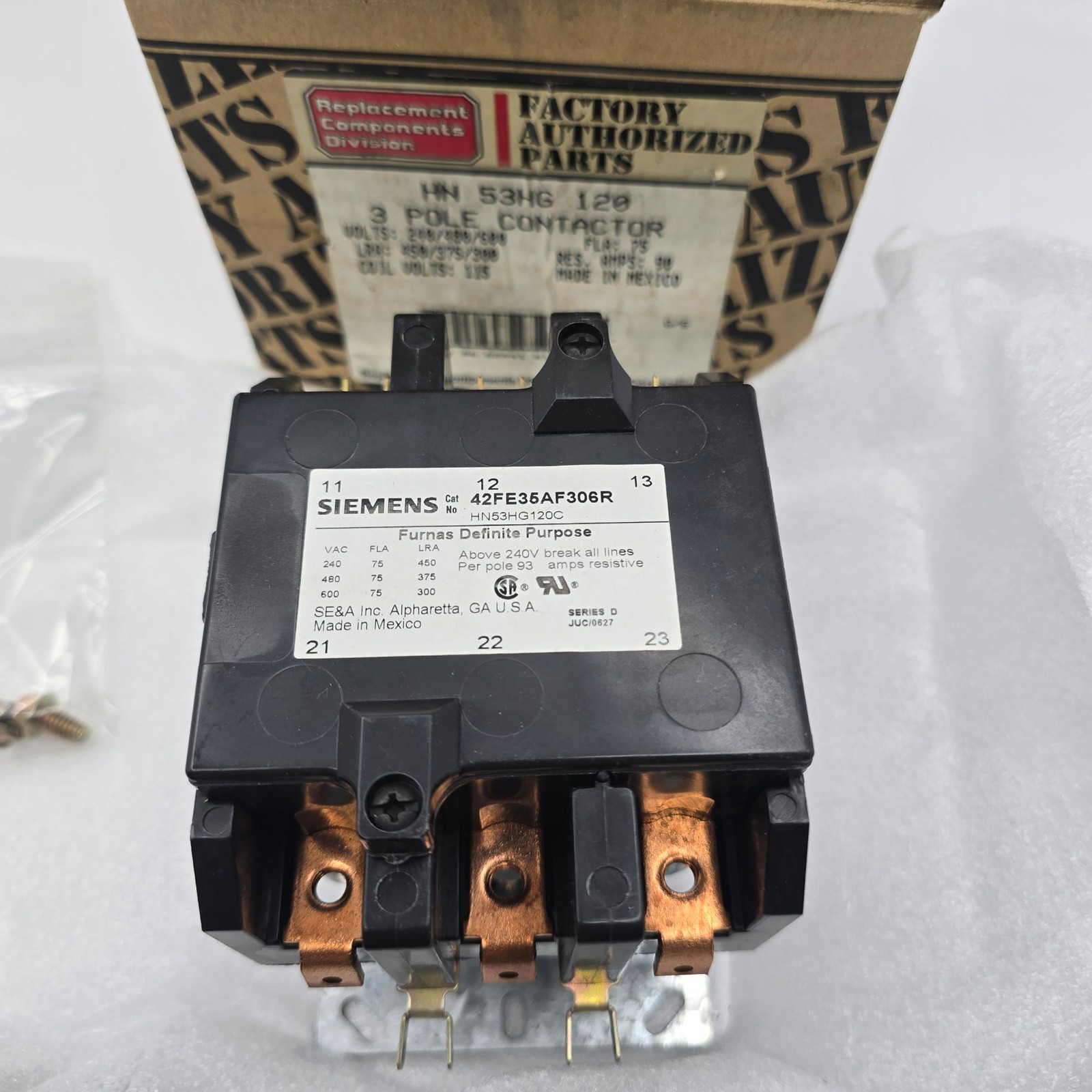 Carrier HN53HG120 3 Pole Contactor 120V Coil 75 FLA 240/480/600V