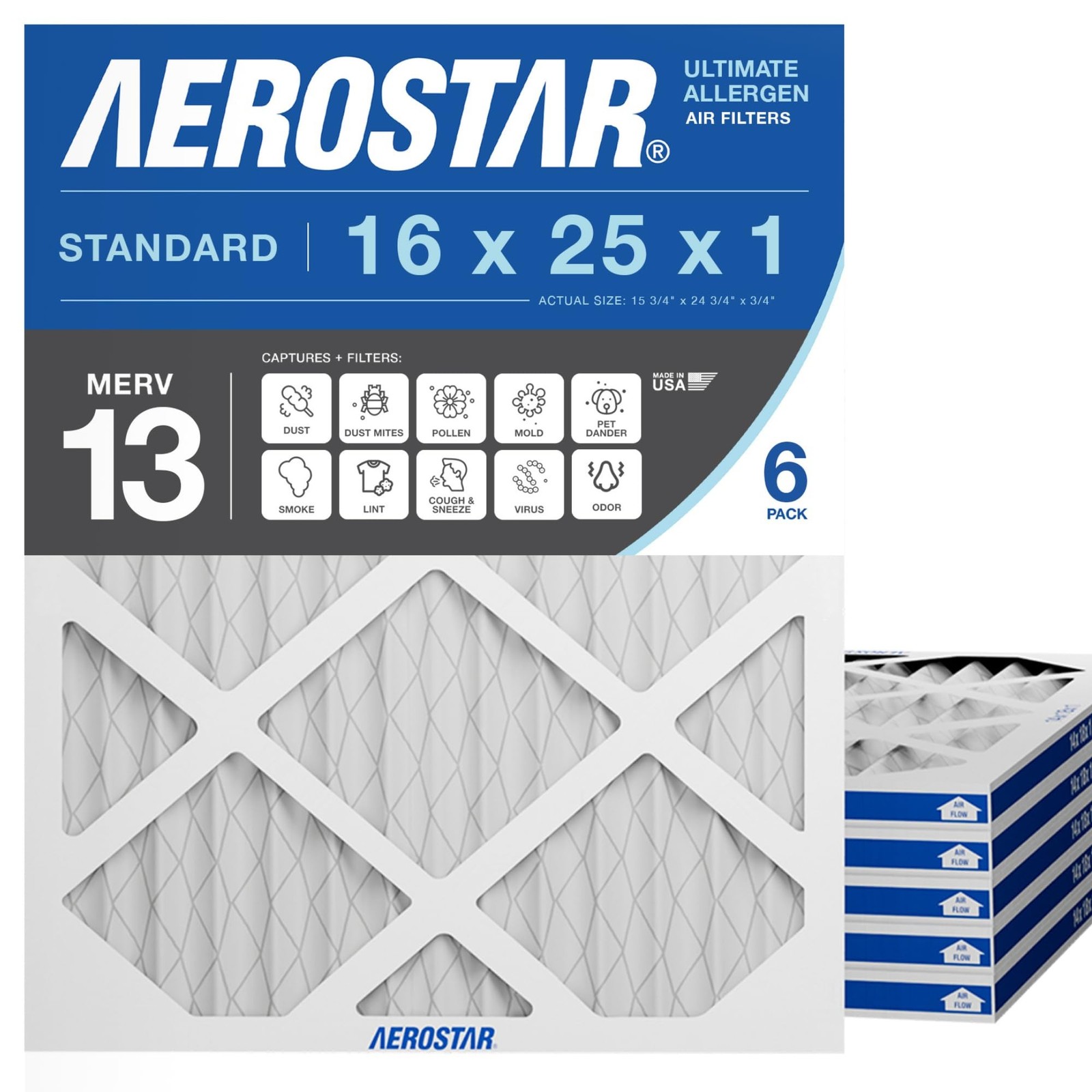 Aerostar 16x25x1 MERV 13 Air Filter, 6 Count, ACTUAL SIZE (15.75 x 24.75 x 0….