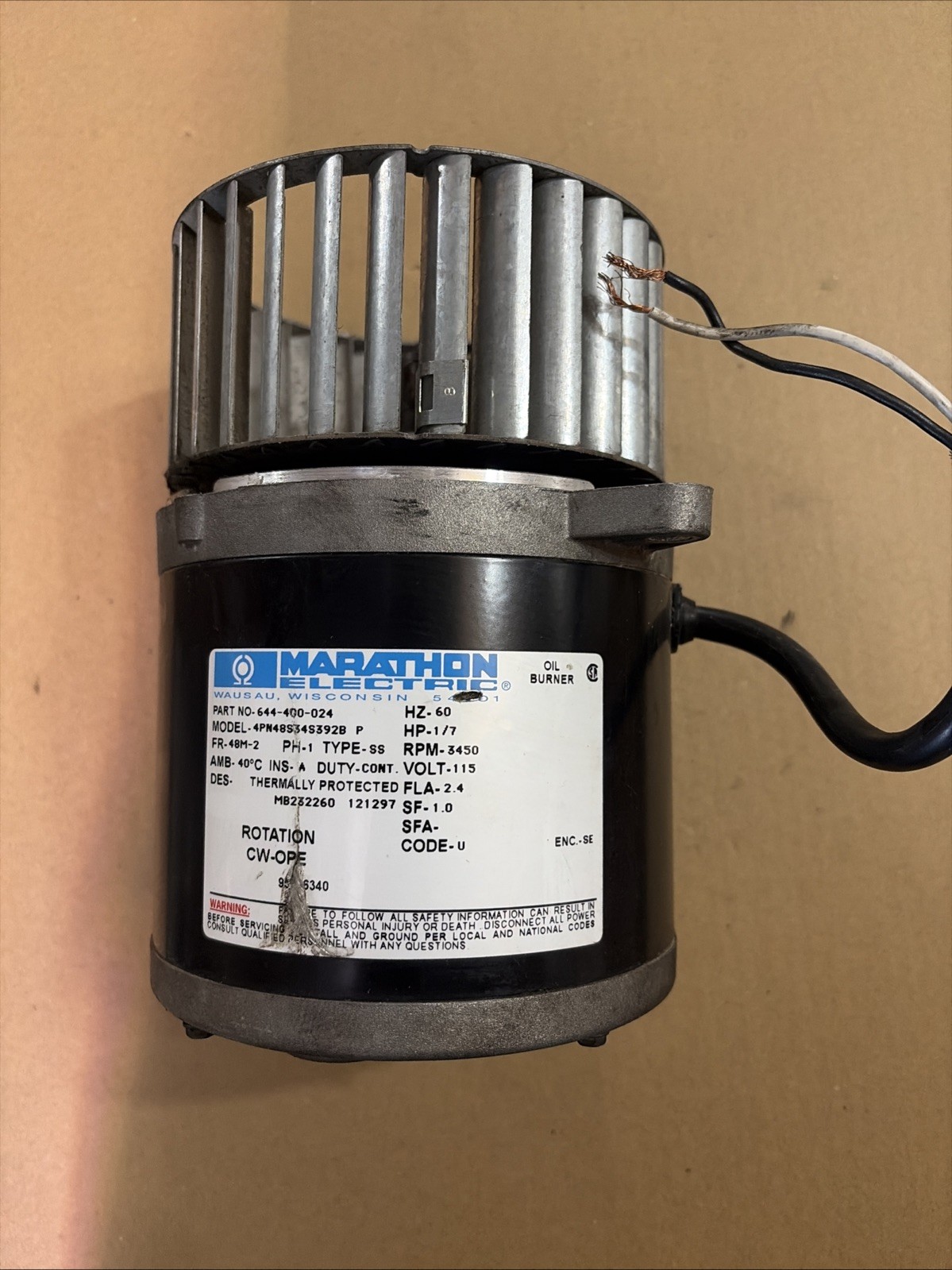 Marathon Electric 644-400-024 For Beckett Oil Burner Motor Model 4PN48S34S392B P