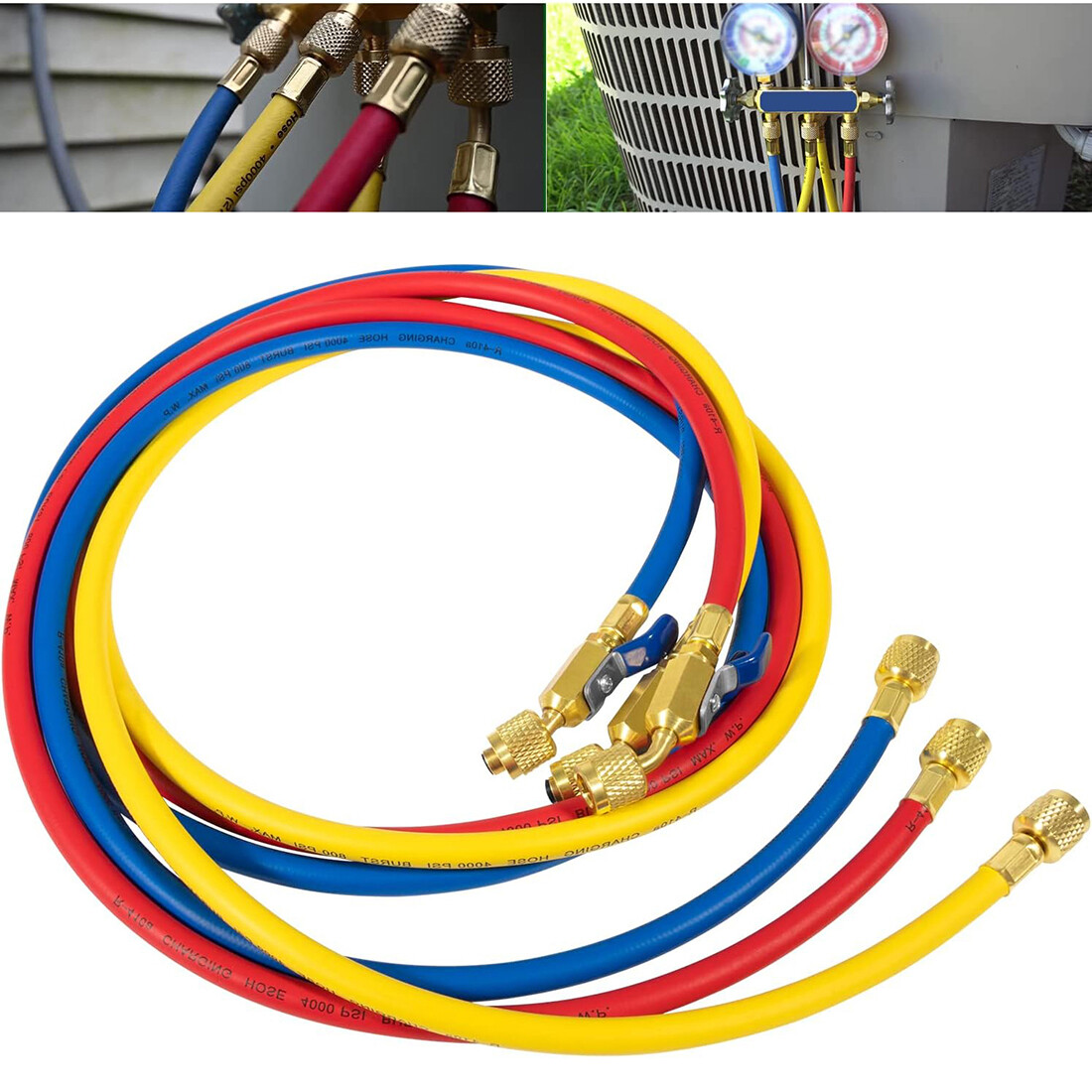 Red Blue Yellow 29986 Plus II 1/4″ Hose w/ FlexFlow Valve 72″ 3 Pack for R-410A