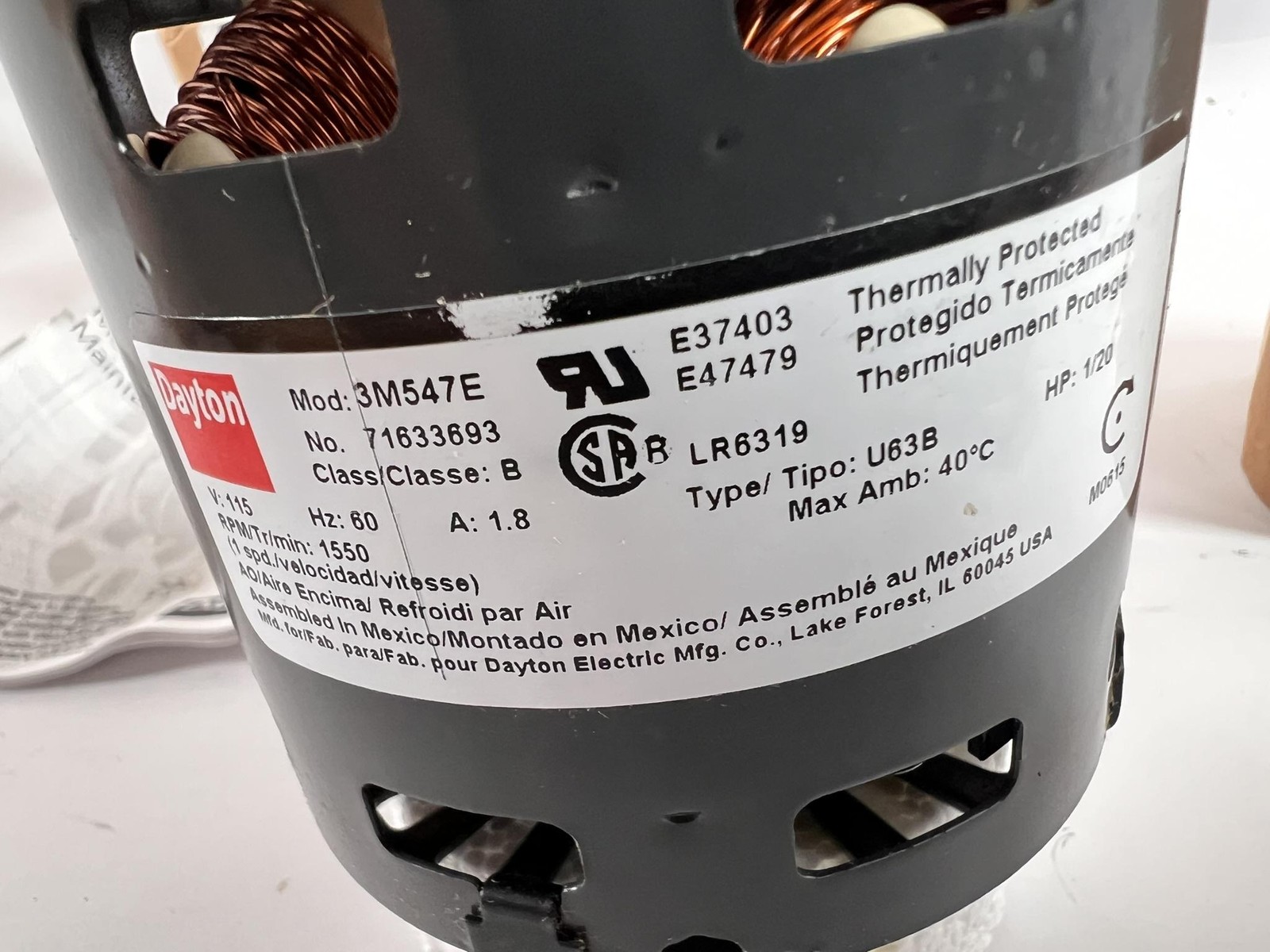 Dayton 3M547E Shaded Pole Blower Motor 1/20 HP 1550 RPM 115V 1PH Sleeve Bearing