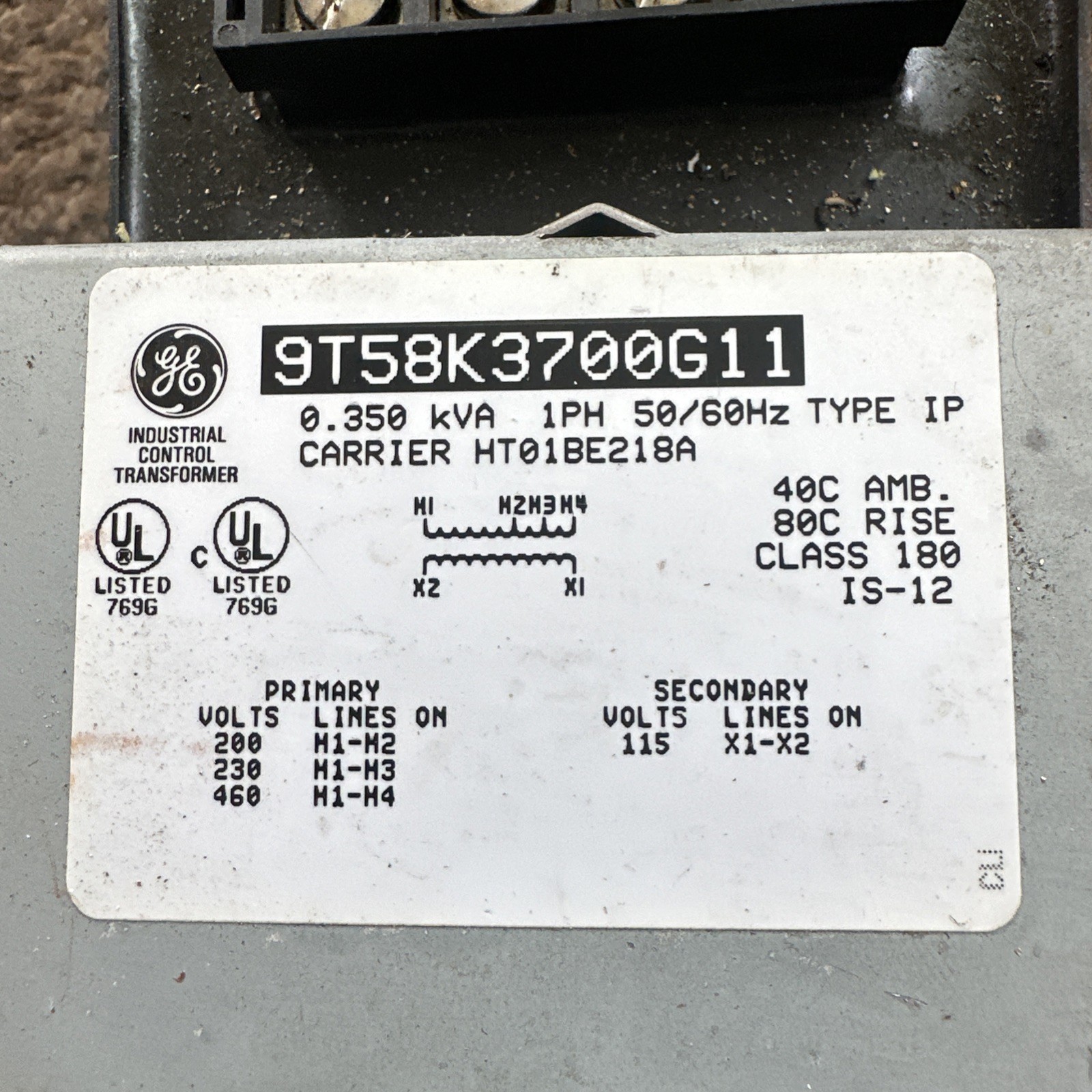 Carrier HT01BE218A Voltage Transformer 0.350 KVA 1PH GE 9T58K3700G11