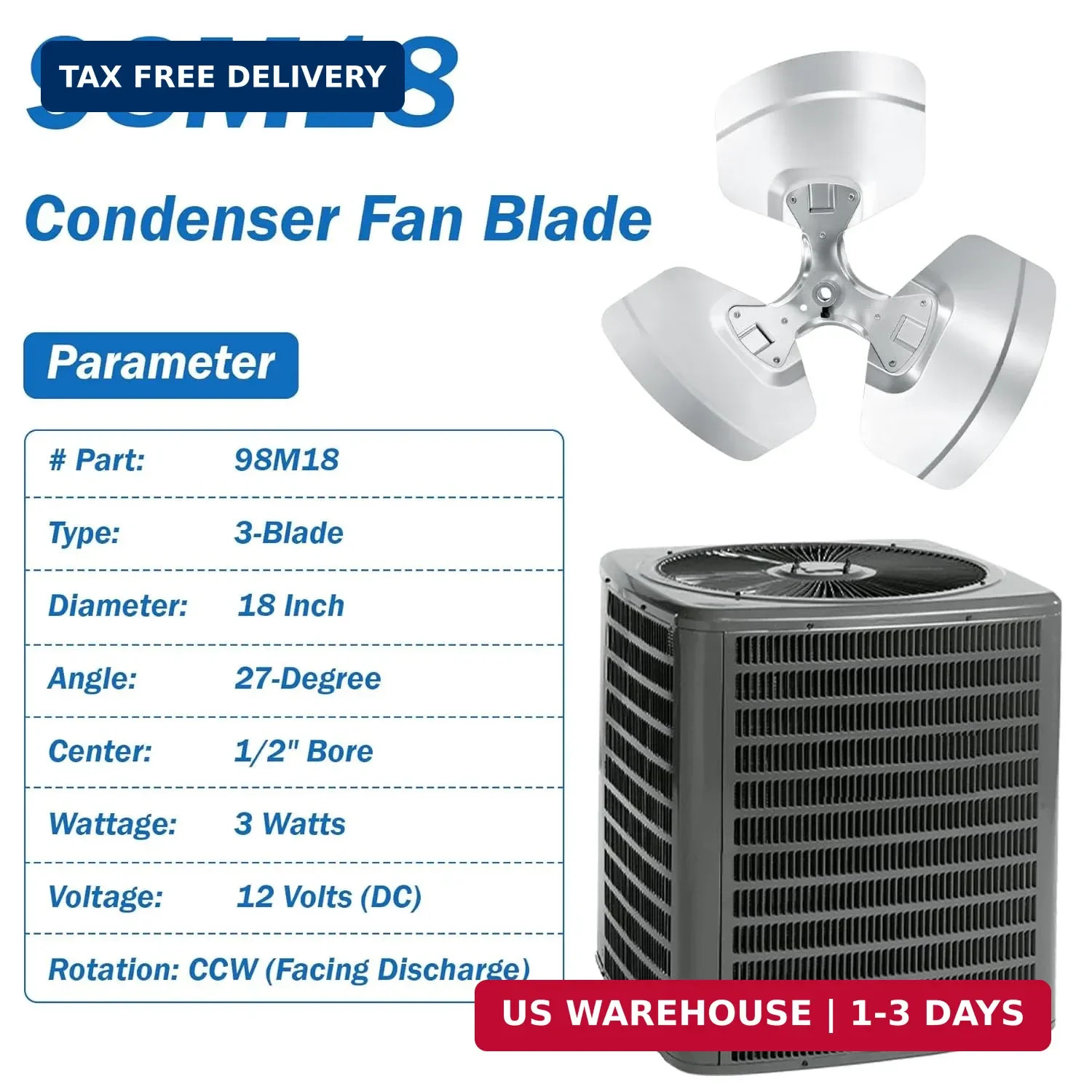 98M18 Condenser Fan Blade Compatible with Lennox Condensers, 3 x 18in CCW HVAC F