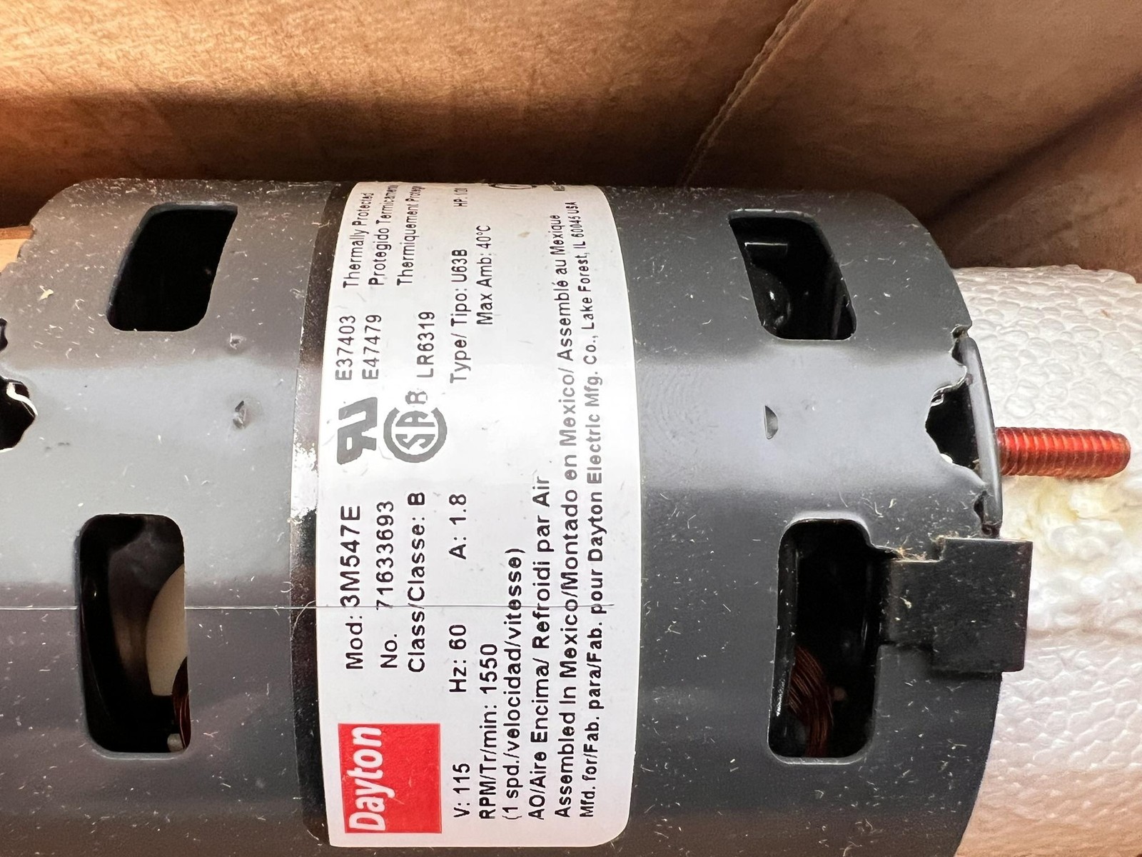 Dayton 3M547E Shaded Pole Blower Motor 1/20 HP 1550 RPM 115V 1PH Sleeve Bearing