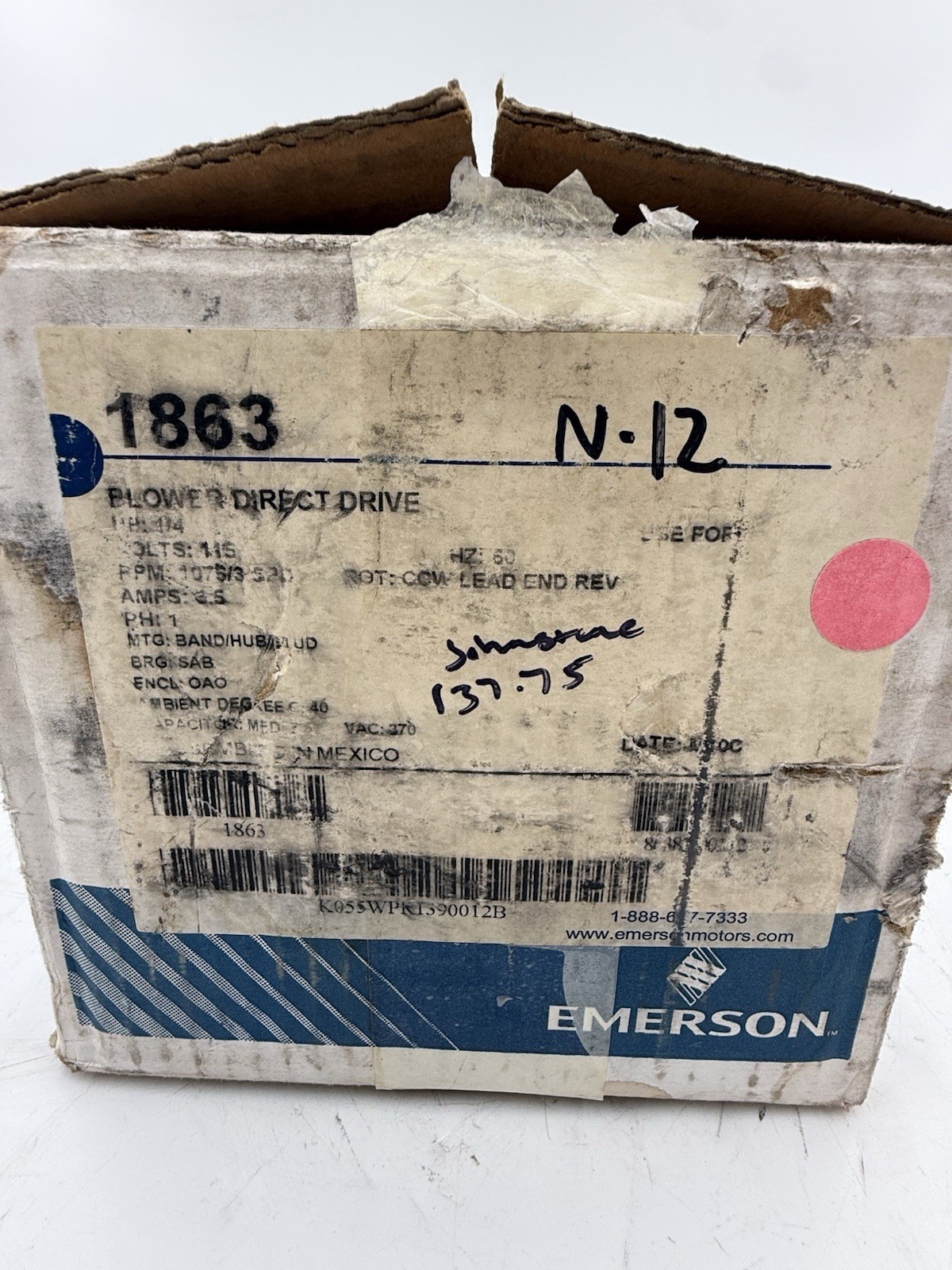 1/4HP 1863 EMERSON K55HXWPR-1390 FURNACE BLOWER MOTOR 115V 1075 RPM #N12