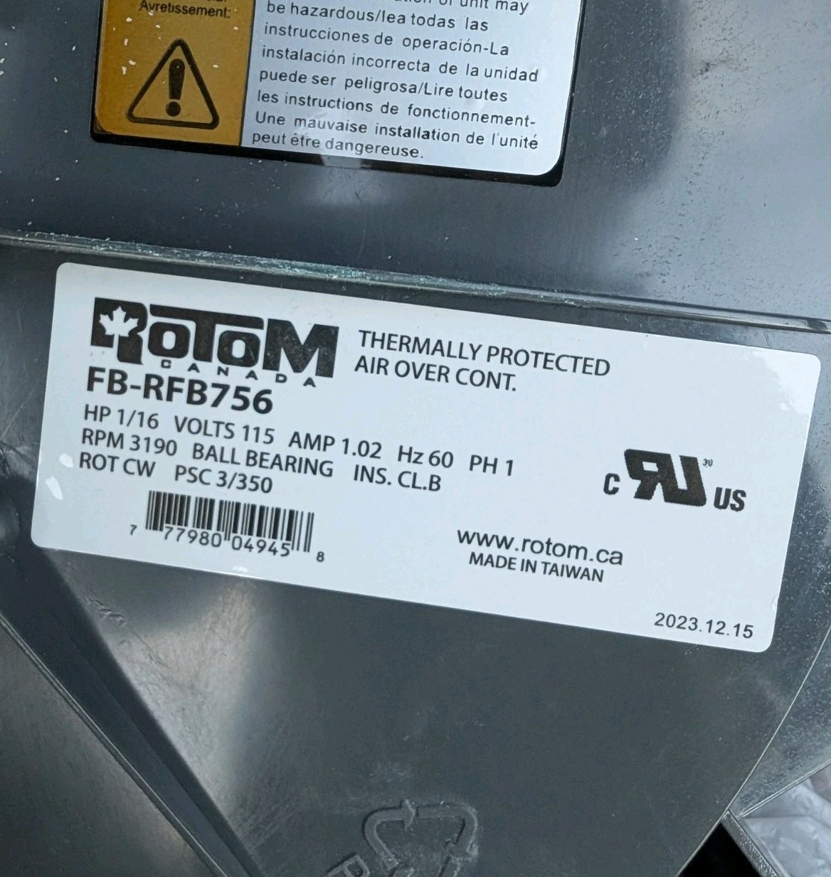 Rotom Canada FB-RFB756 Furnace Draft Inducer Blower Motor Assembly