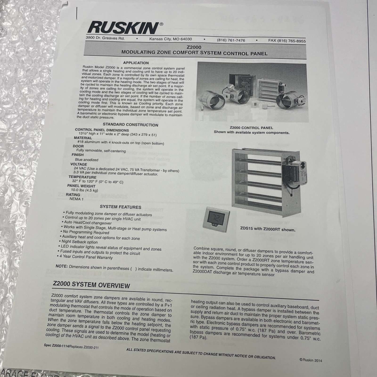 Ruskin -Z2000 20-Zone Commerical Zone Control Panel