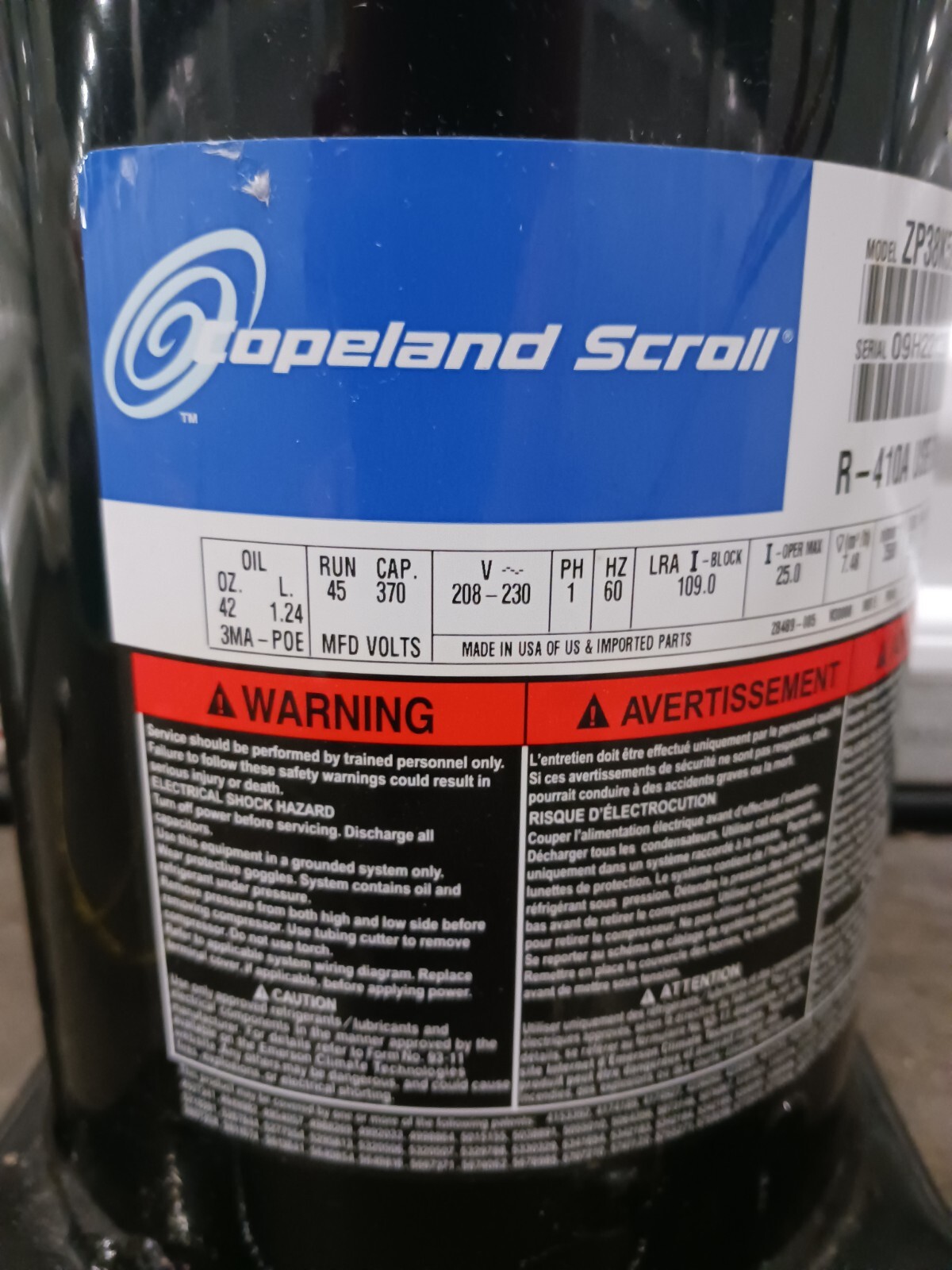 COPELAND Scroll ZP38K5E-PFV-130 37,800 BTU 230V 1PH 60HZ R-410A only (Loc: S4T2)