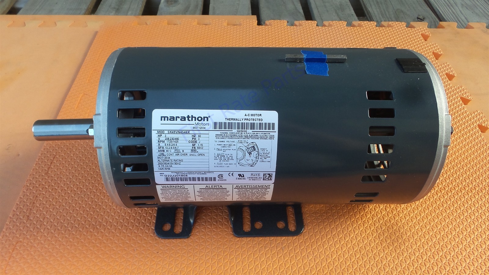 Trane MOT12034 Motor 5K49VN4546X Marathon 3HP 208V 230V 460V 1725 RPM 3PH 56HZ