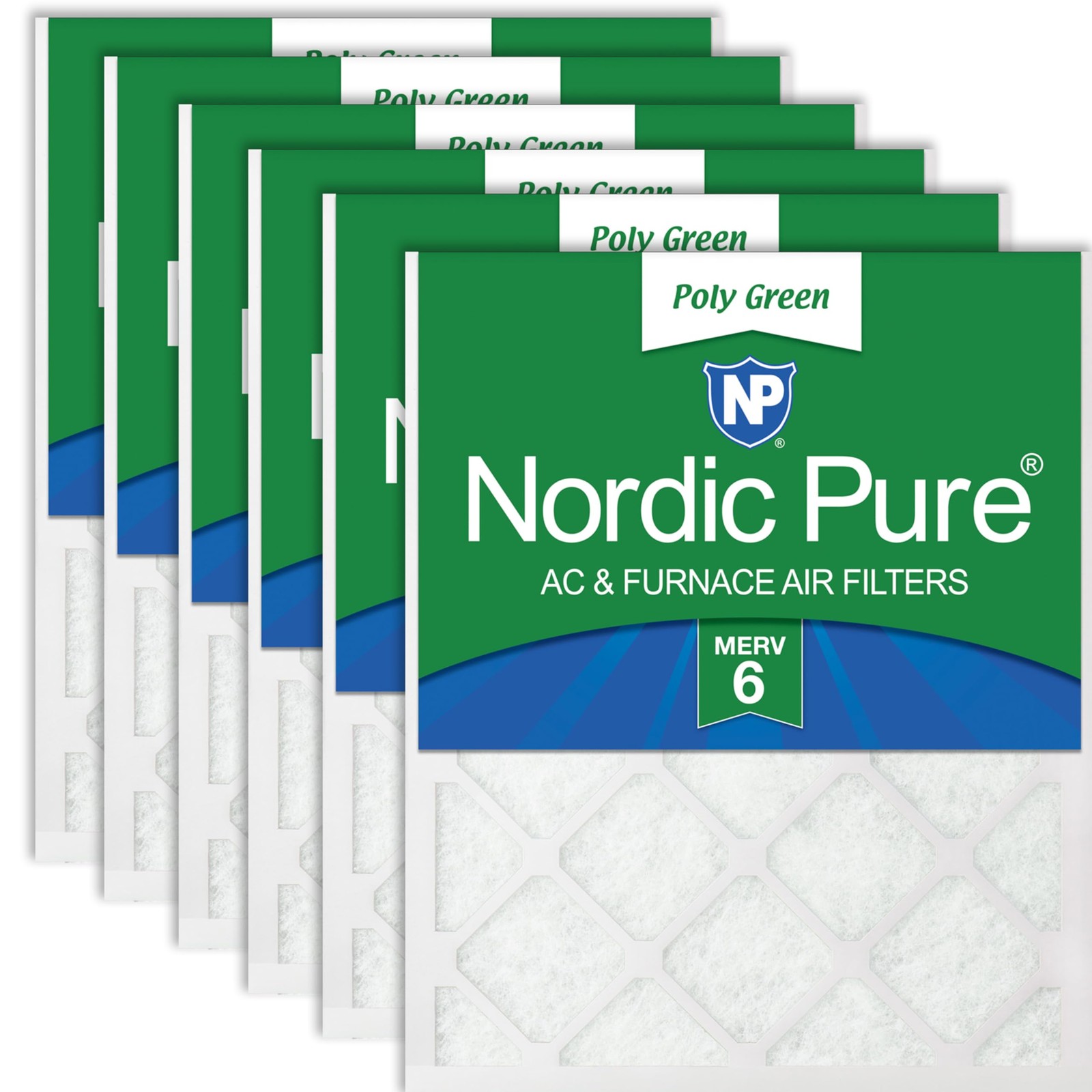 Nordic Pure 16x24x1 (Actual Size: 15 1/2 x 23 x 3/4) Poly Green 6 Pack