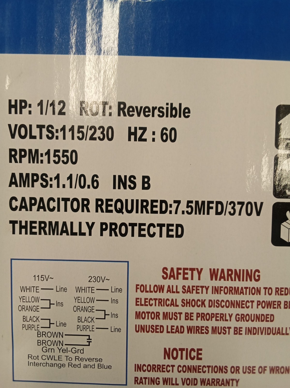 Refrigeration Fan Motor FASCO D1127 9721 D1125 – 1/12 HP-1550 RPM-115/230V 50HZ