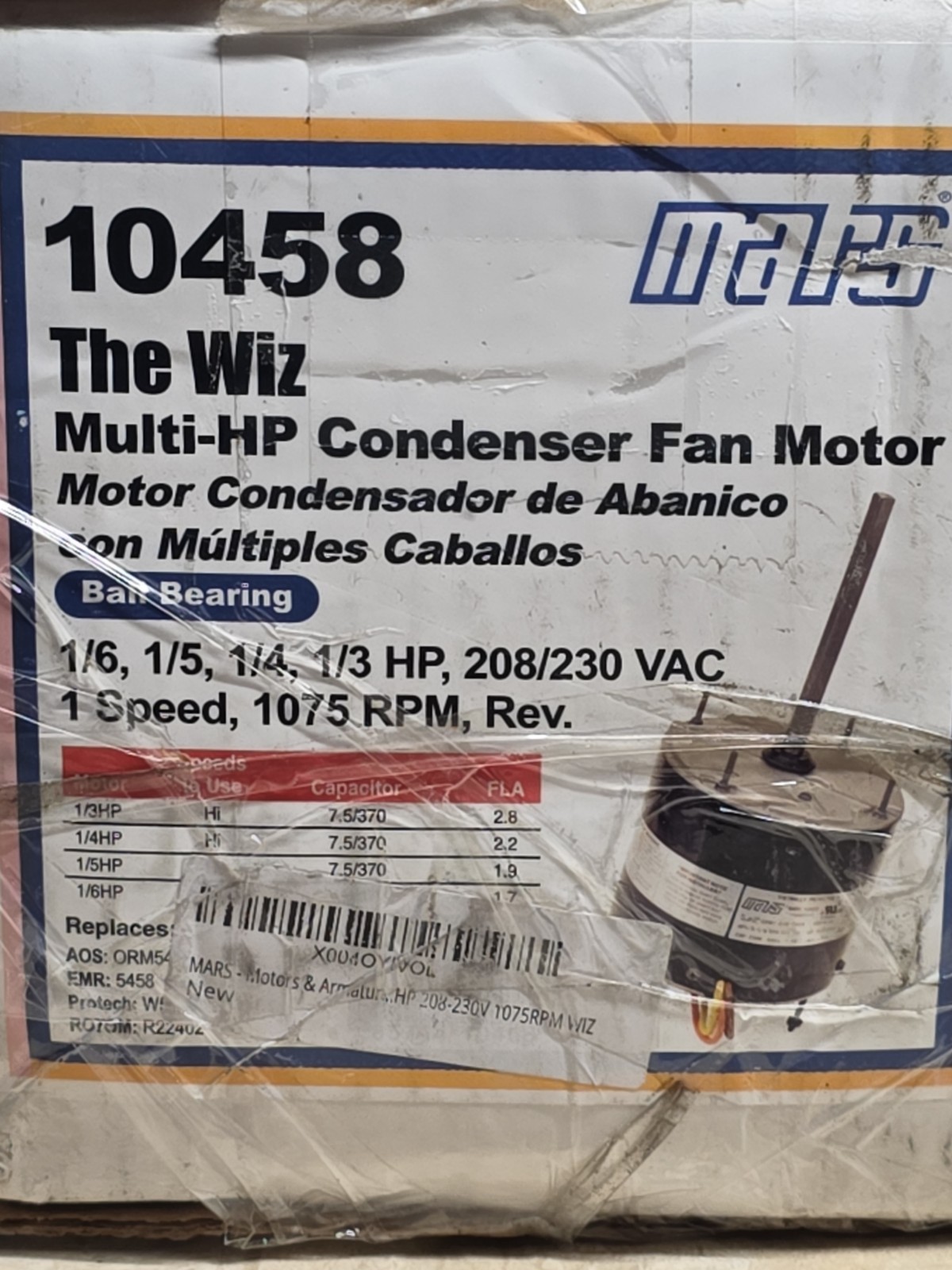 Mars 10458 The Wiz Condenser Motor 1/3-1/6HP 208-230V 1075RPM