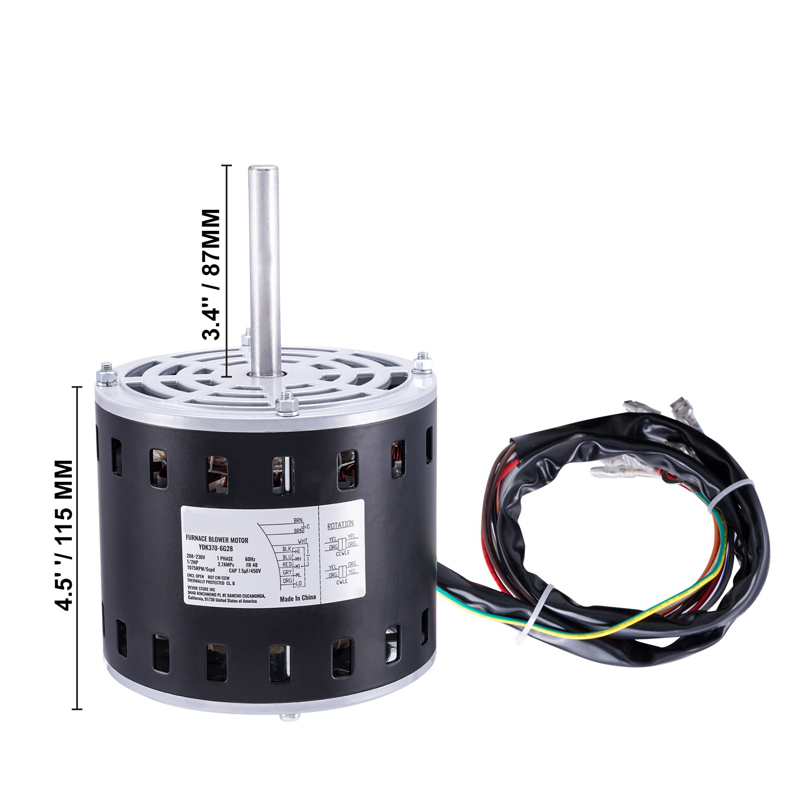 VEVOR 1/2HP Furnace Blower Motor 208-230V 2.7A 1075RPM 5 Speeds 48 Frame 1 Phase