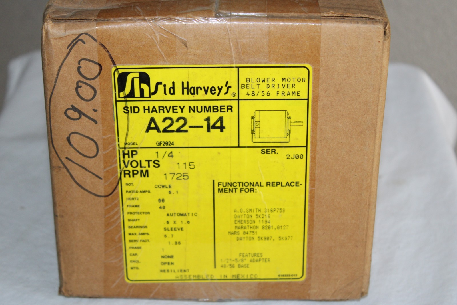 NOS Sid Harvey A22-14 Motor Ball Bearing 1/4 HP 1725 RPM 115 VAC FREE SHIPPING