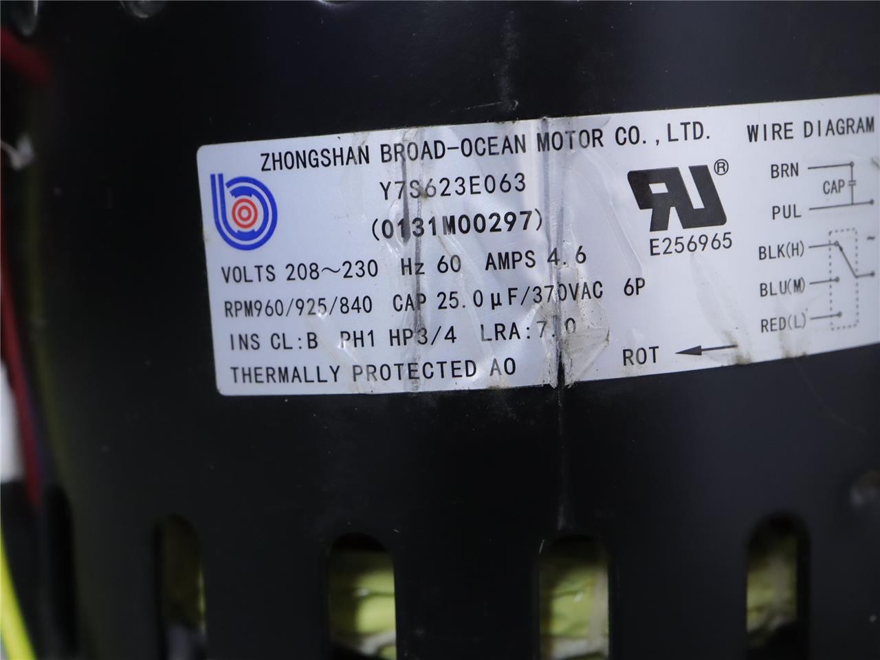 ZHONGSHAN BROAD-OCEAN Y7S623E063 Blower Motor 3/4HP 208/230V 0131M00297