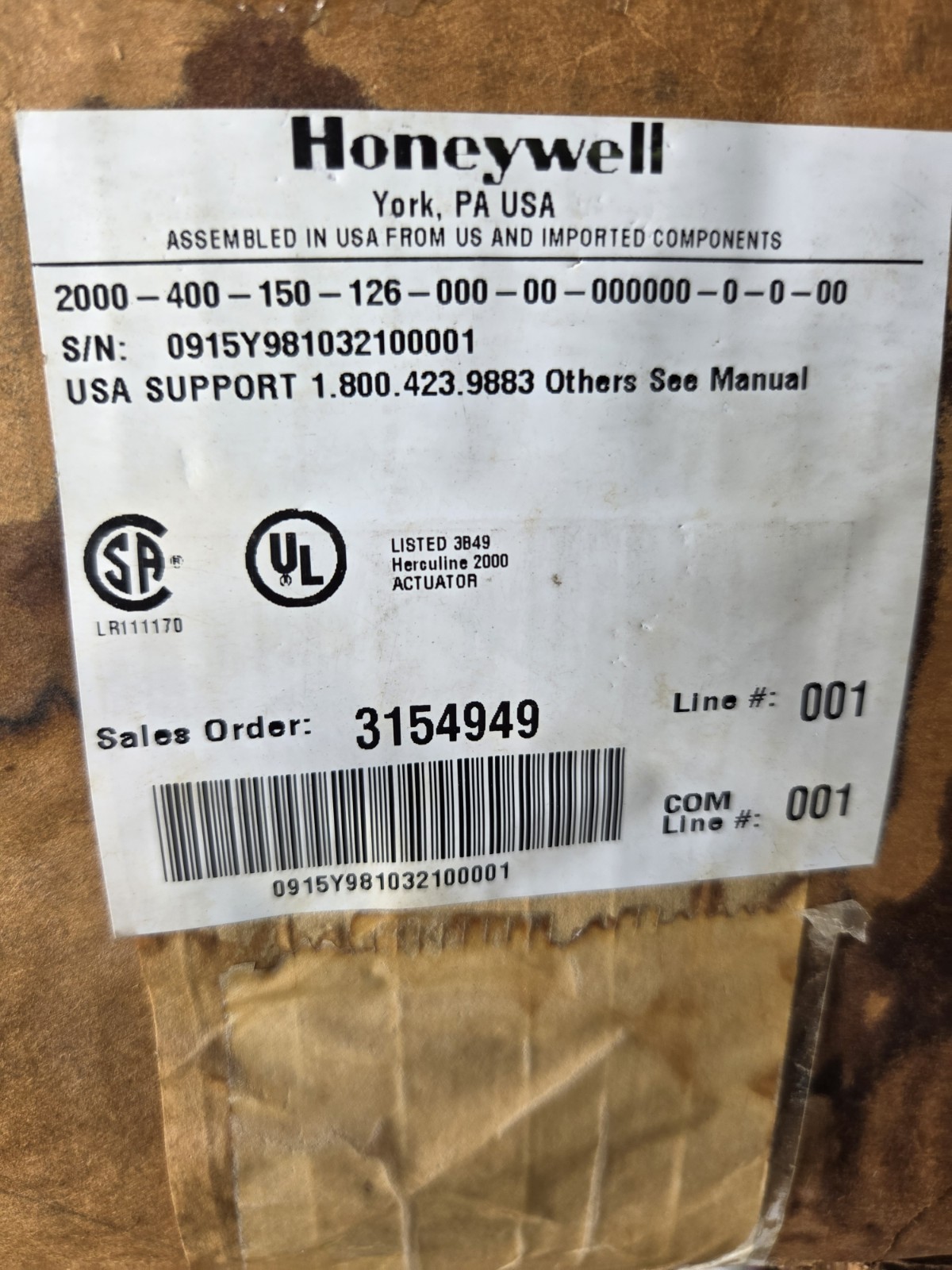 Honeywell HercuLine 2000 Damper Actuator 24V MPN 2000-400-150-126-000-00