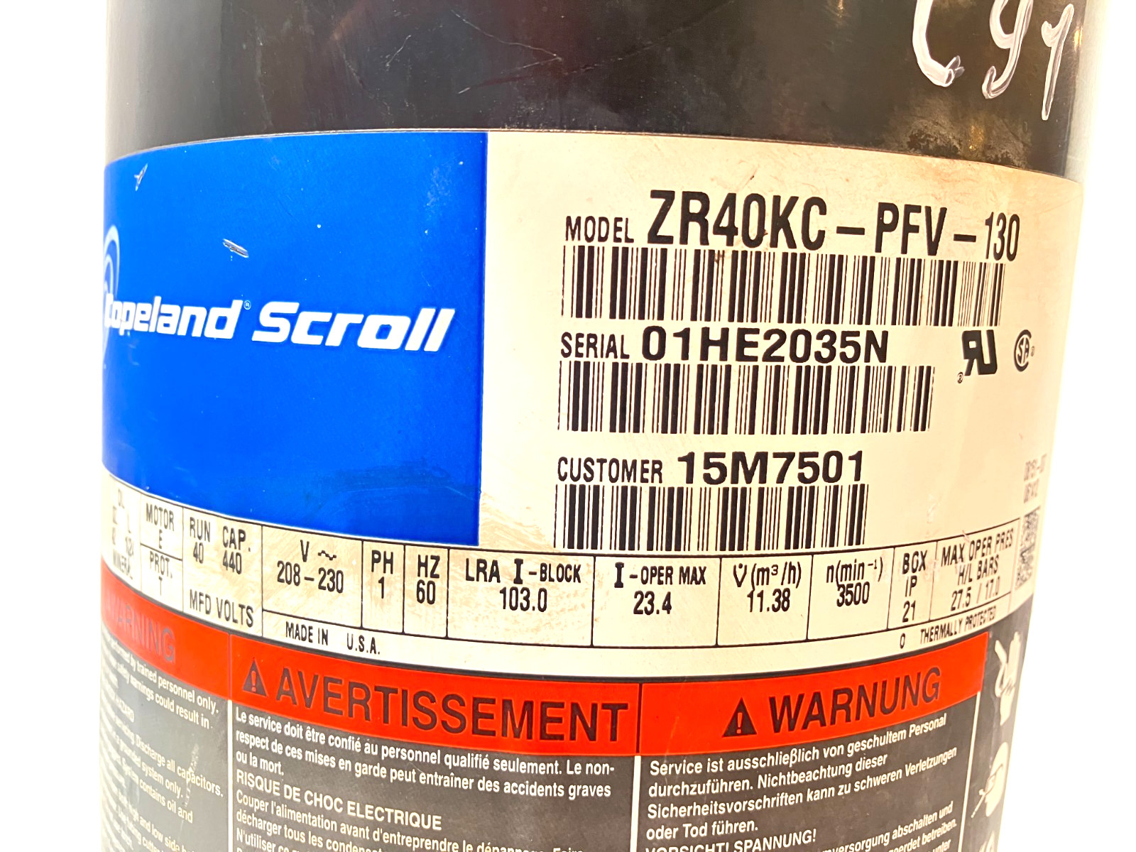 Copeland 3 Ton Scroll Compressor ZR40K3-PFV-130 1 PH 230V R-22 used #C91