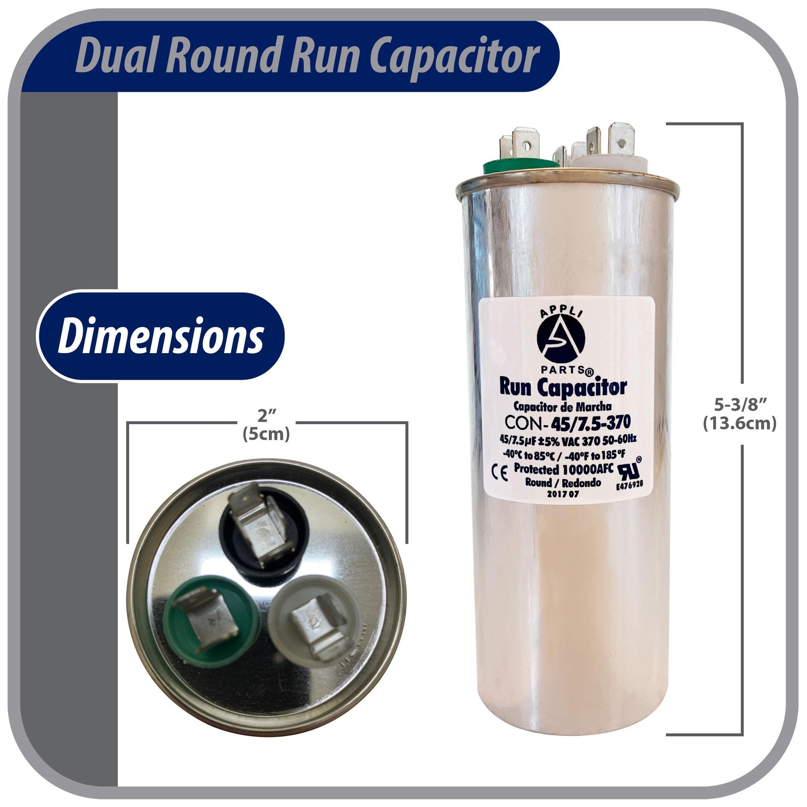 Appli Parts Dual Run Capacitor for ac 45+7.5 Mfd uF (microfarads) 370VAC CBB65 R