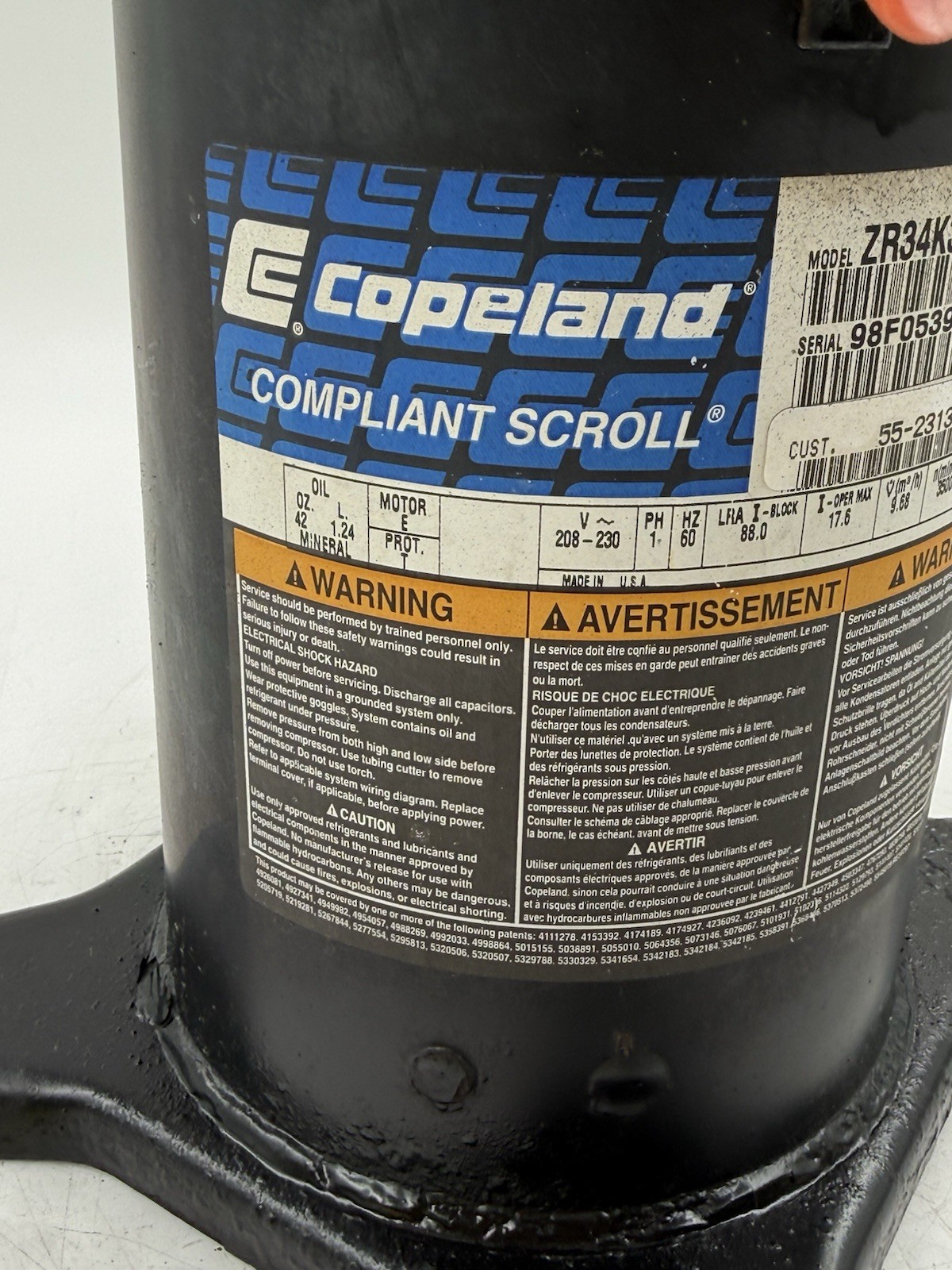 Copeland Scroll Compressor ZR34K3-PFV-230 R-22 208/230V Used/Tested #A1-18
