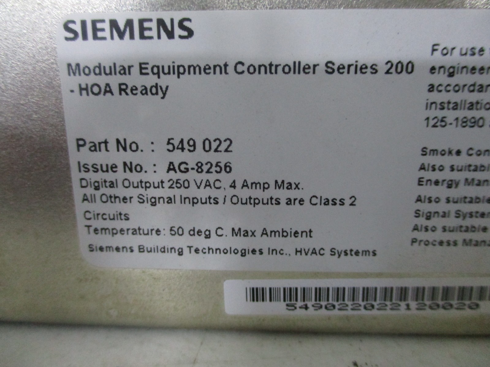 Siemens APOGEE Automation 549-022 Modular Equipment Controller Series 200