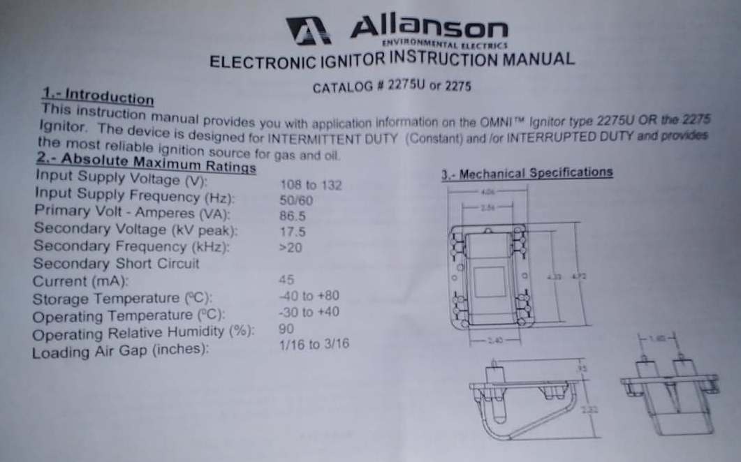 Wayne HS Blue Angel Eagle Electronic Transformer Ignitor Allanson 2275-647