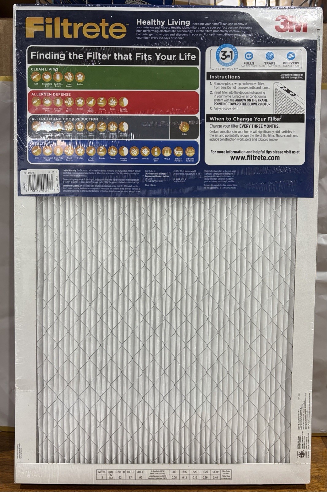 Filtrete 16x25x1 AC Furnace Air Filter, MERV 13, MPR 1900. 2 Pack. White