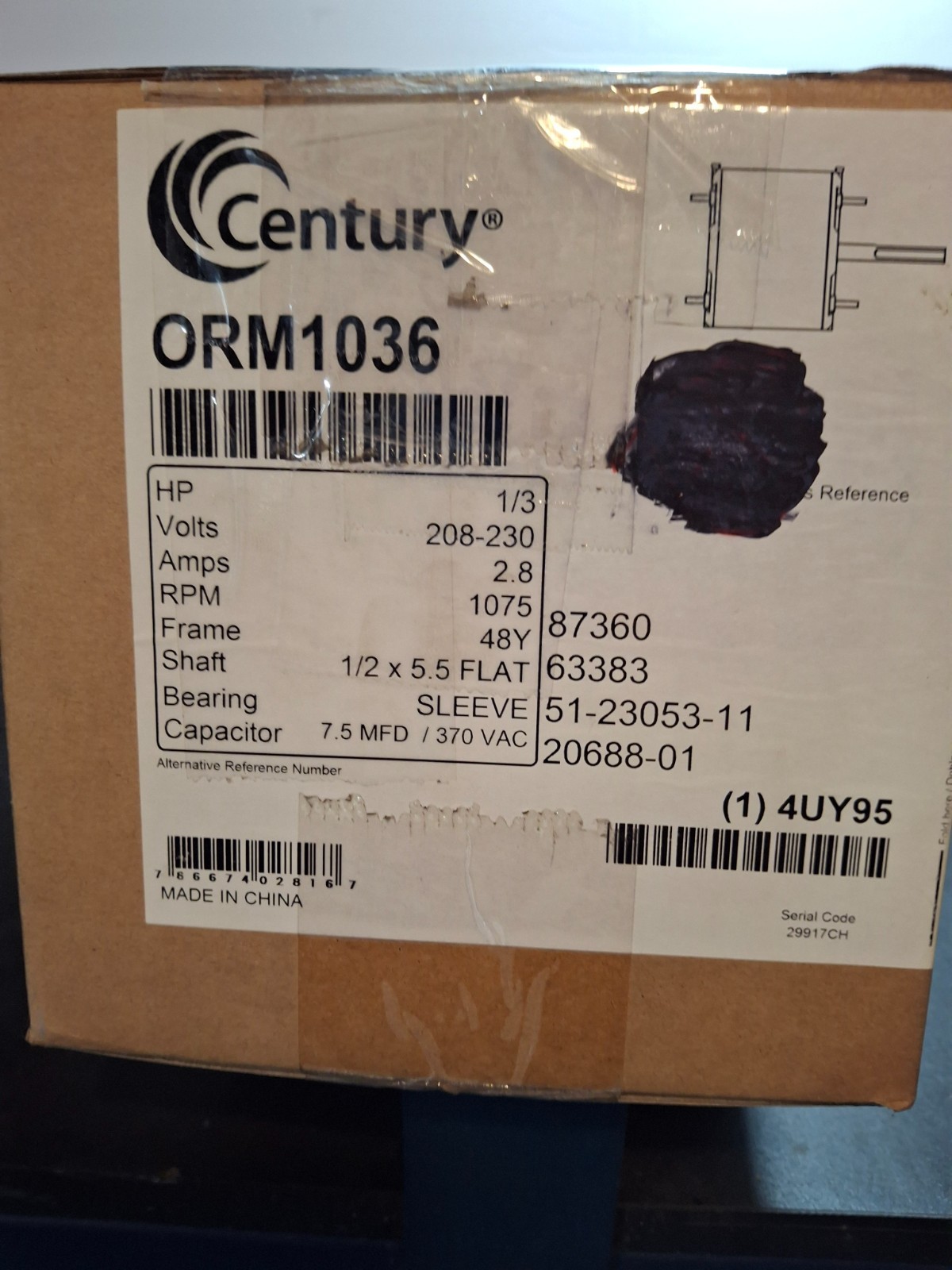 Century #ORM1036 OEM Rheem Replacement 1/3HP 1075RPM 230V 2.8A 1/2″x5 1/2″ Shaft