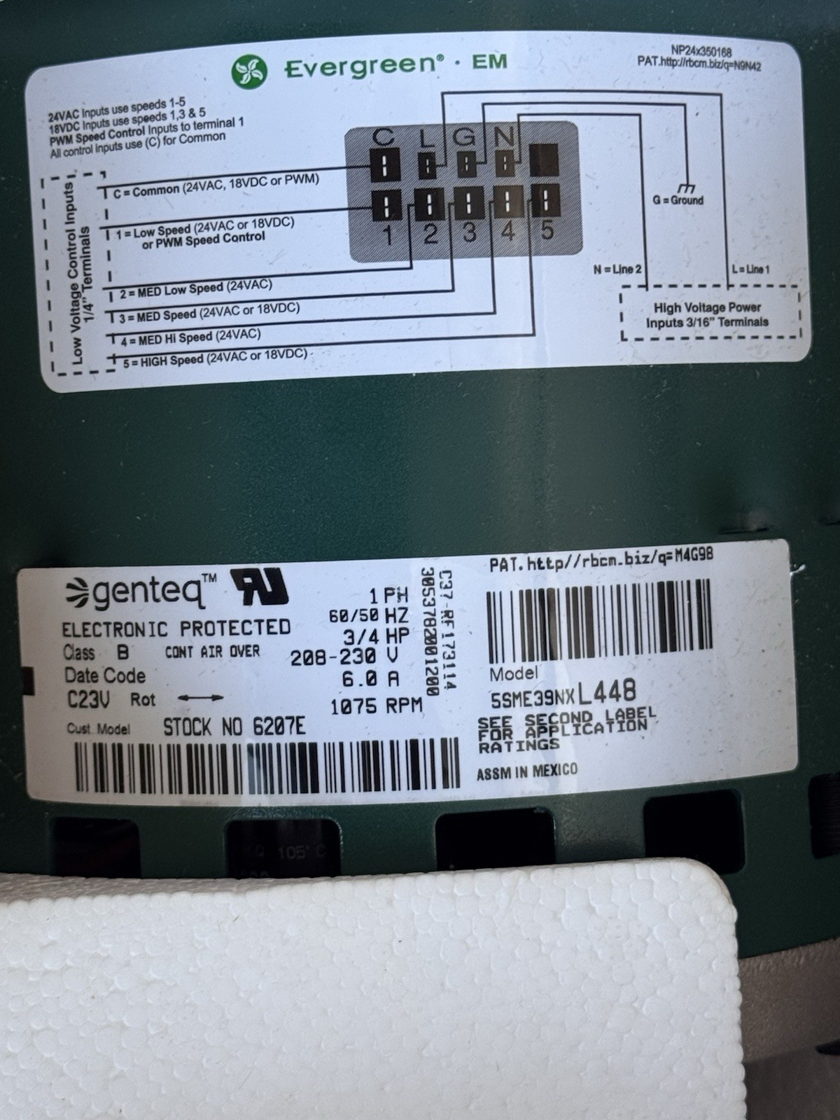 Evergreen EM 1HP ECM Blower Motor 208-230V 1075RPM 6207E Open Box