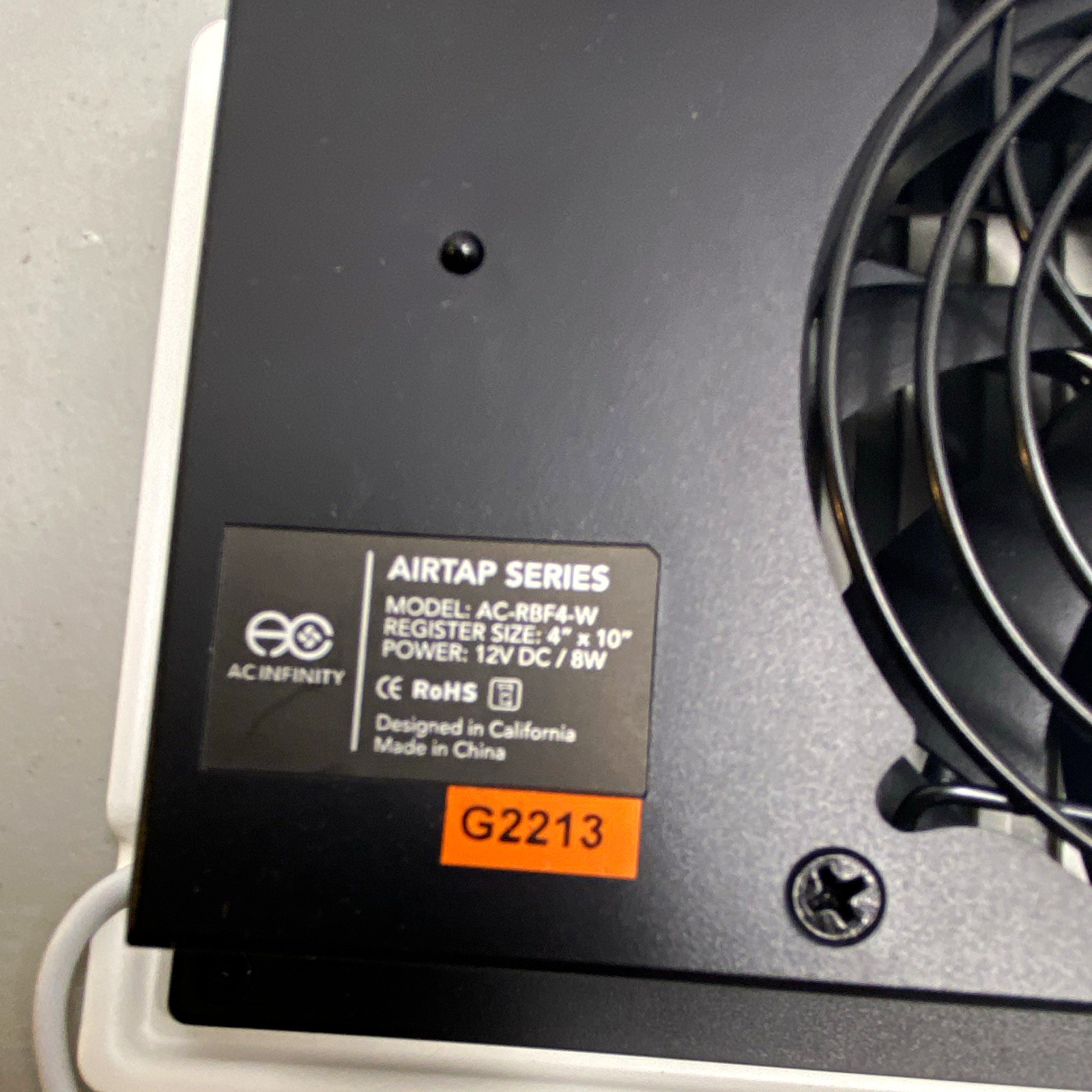 AC Infinity AirTap AC-RBF4-W Register Booster Fan 12V LCD Display White