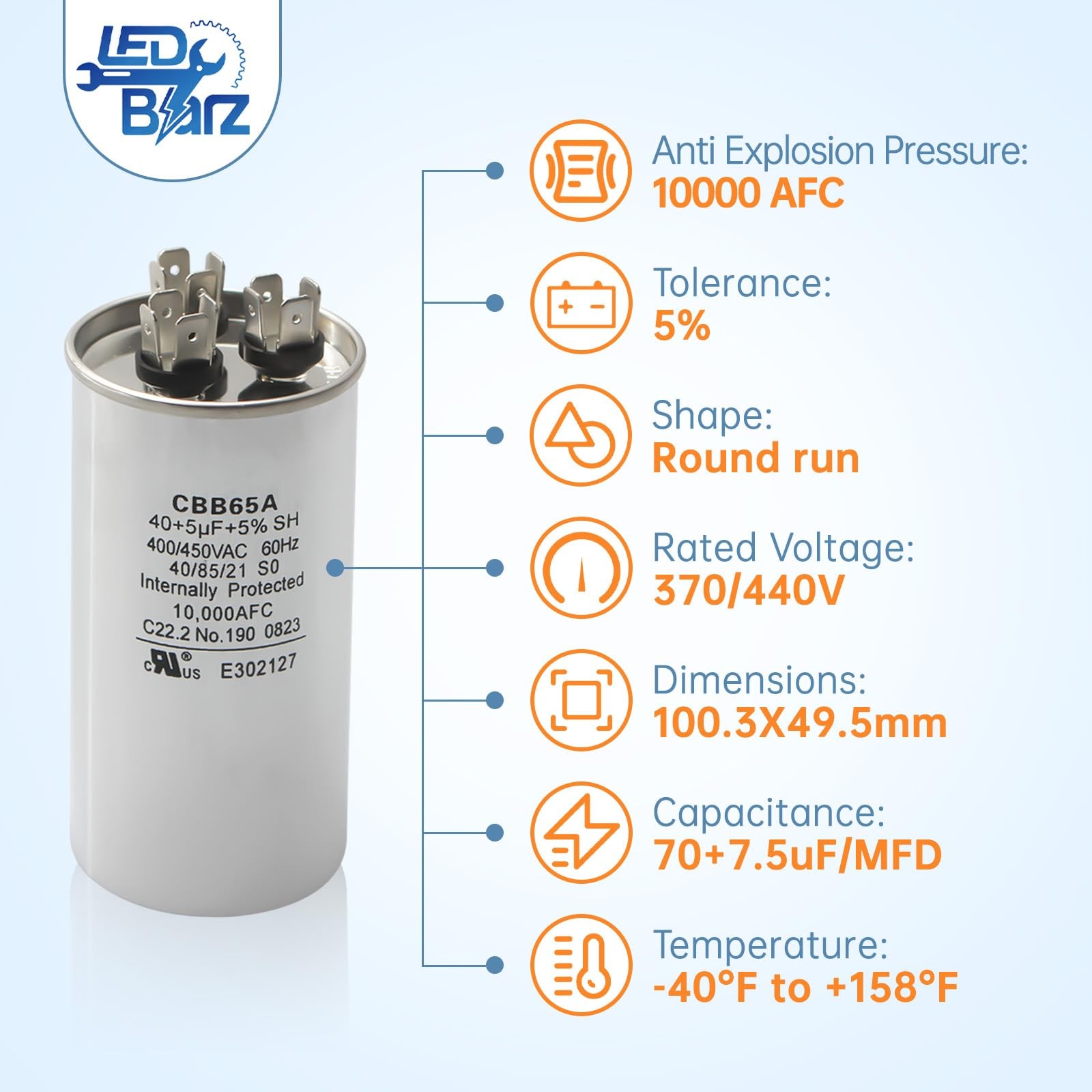 40 + 5 uF 40 + 5 MFD 440 VAC Dual Run Round Start Capacitor – Trane CPT00668…