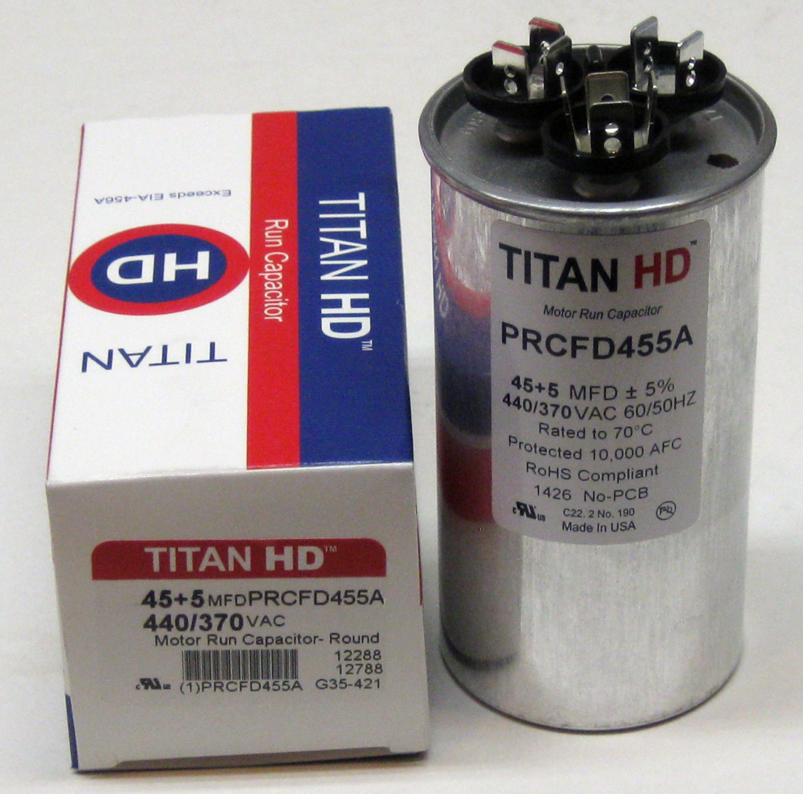 TitanHD PRCFD455A American-Made HVAC Round Motor Run Dual Capacitor 45/5 MFD/UF