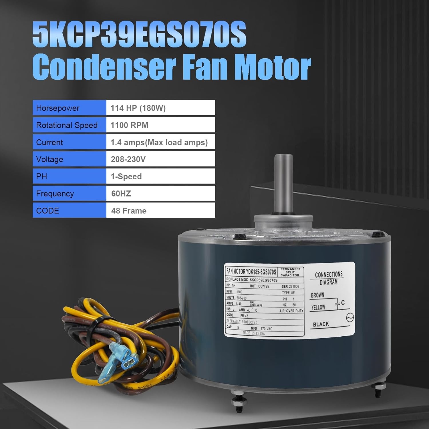 230V 1/4 HP Condenser Fan Motor OEM Standard 1100 RPM 5KCP39EGS070S Compatible