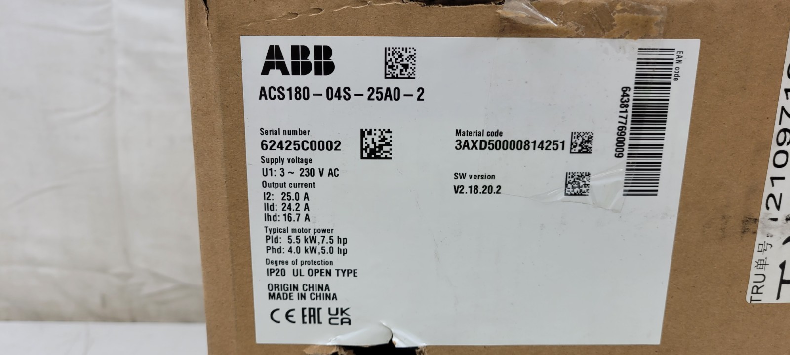 ABB ACS180-04S-25A0-2 AC Drive 7.5HP 240V 3-Phase Wall Mount IP20 NEW