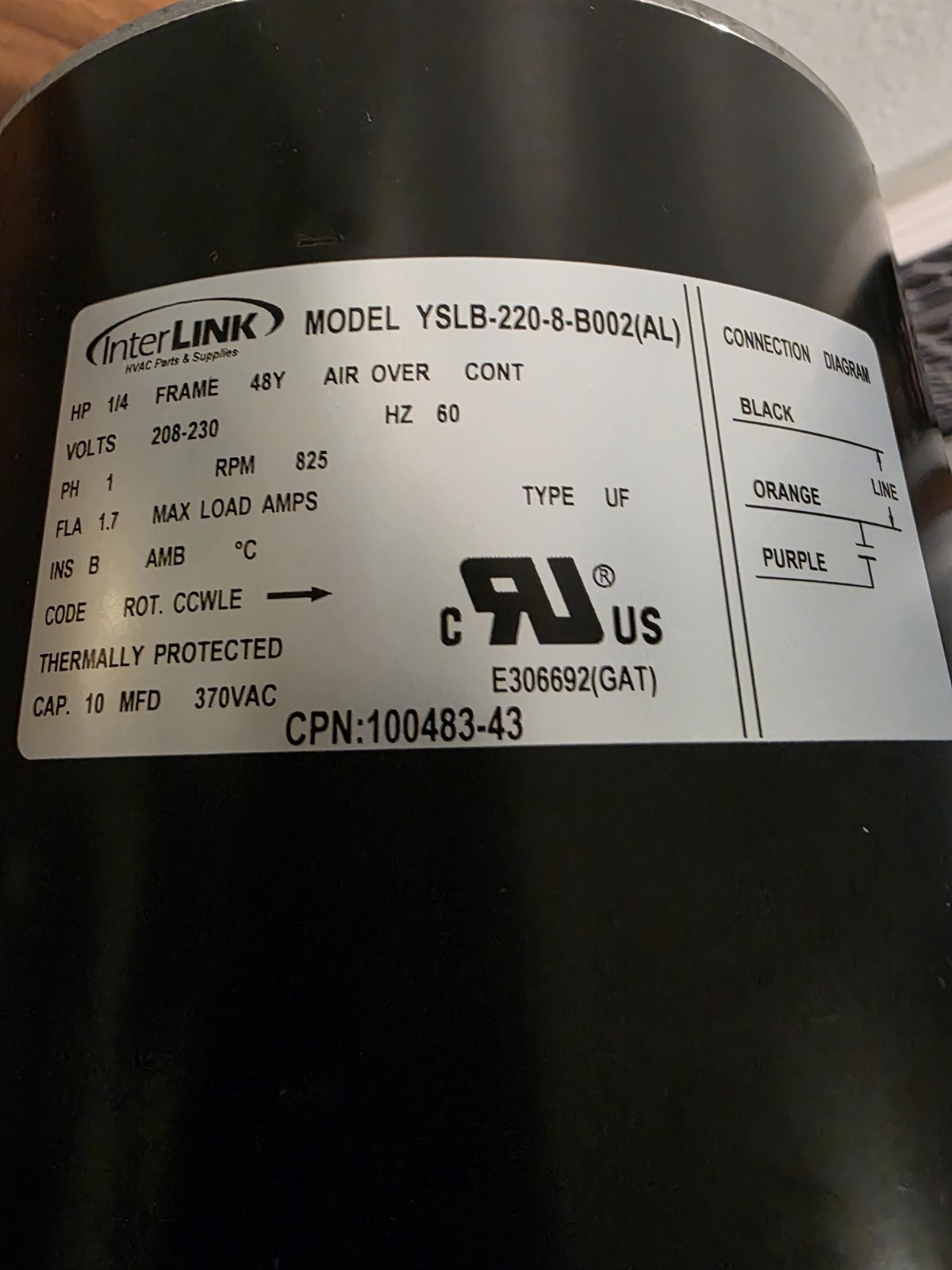 InterLink YSLB-220-8-B002(AL) Condenser Fan Motor 1/4HP 825RPM 208-230V