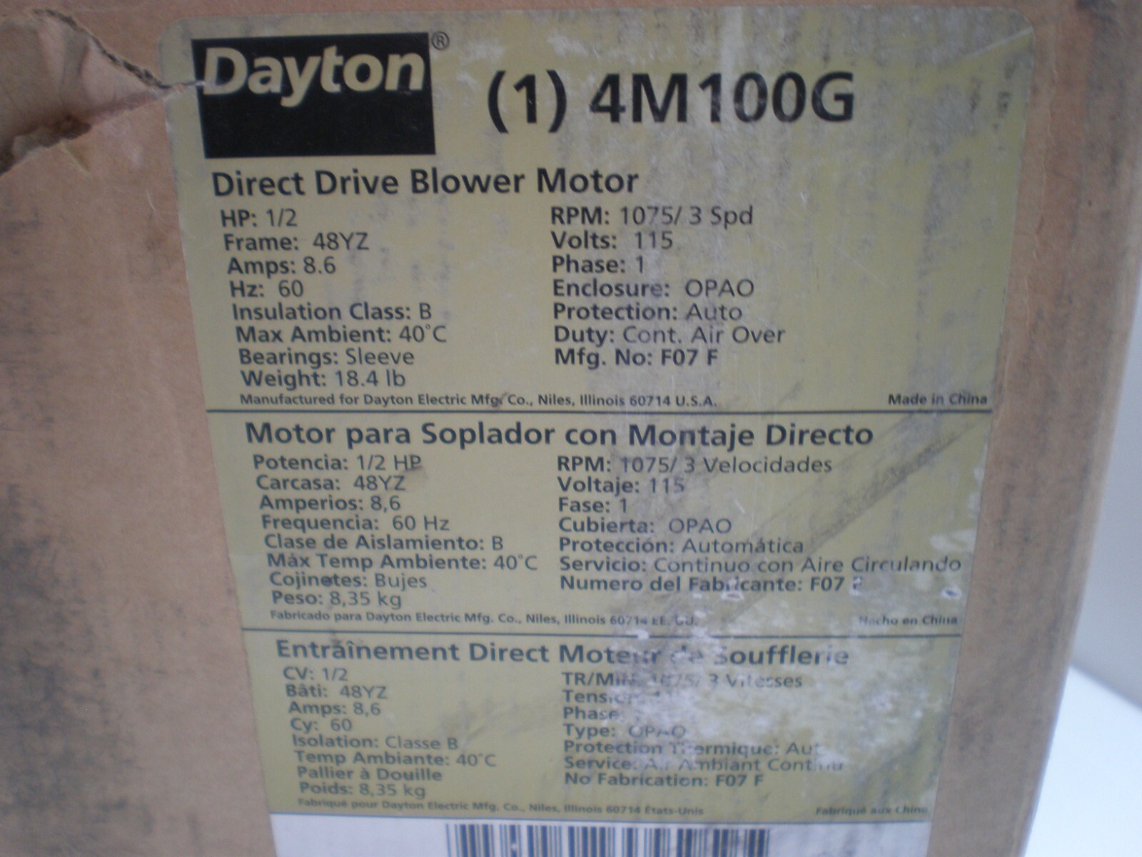 DAYTON 4M100G D/D Blower Motor 3 Speed, Open Air-Over, Ring/Stud Mount, 1/2 HP