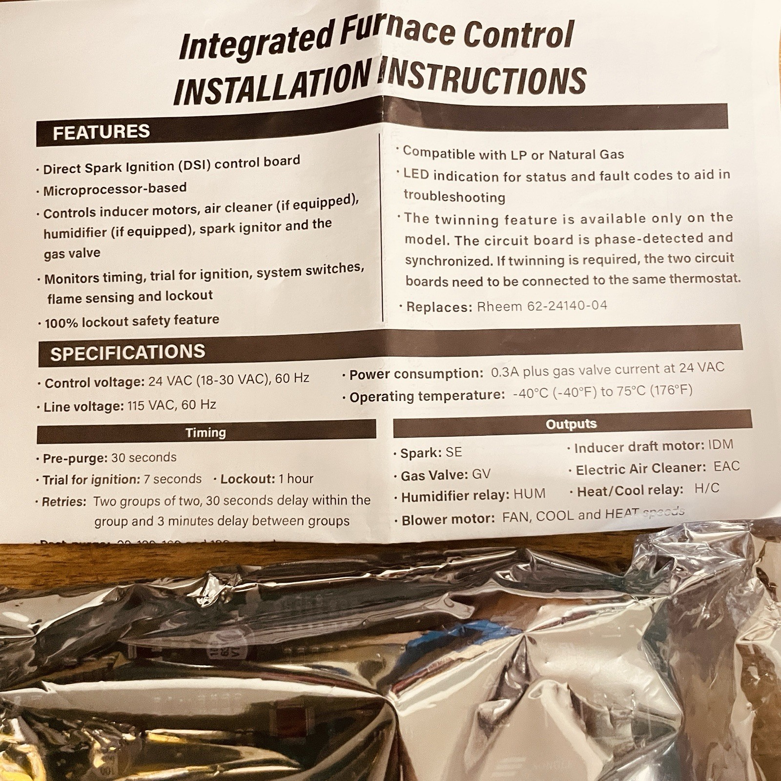ICM292 Gas Furnace Control Board Rheem Ruud 62-24140-04 / 62-24140-02 / 62-24140