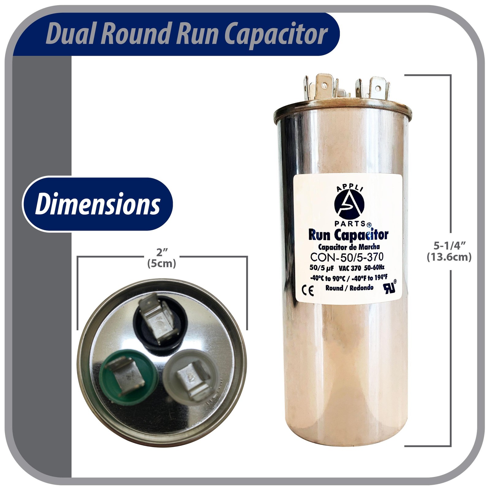 Appli Parts Dual Run Capacitor for ac 50+5 Mfd uF (microfarads) 370VAC CBB65 Rou