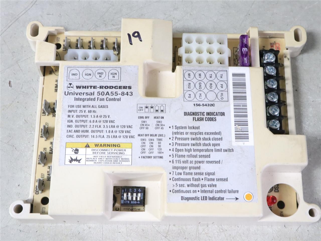 White Rodgers 50A55-843 Universal Integrated Fan Control Board 156-5432C #19