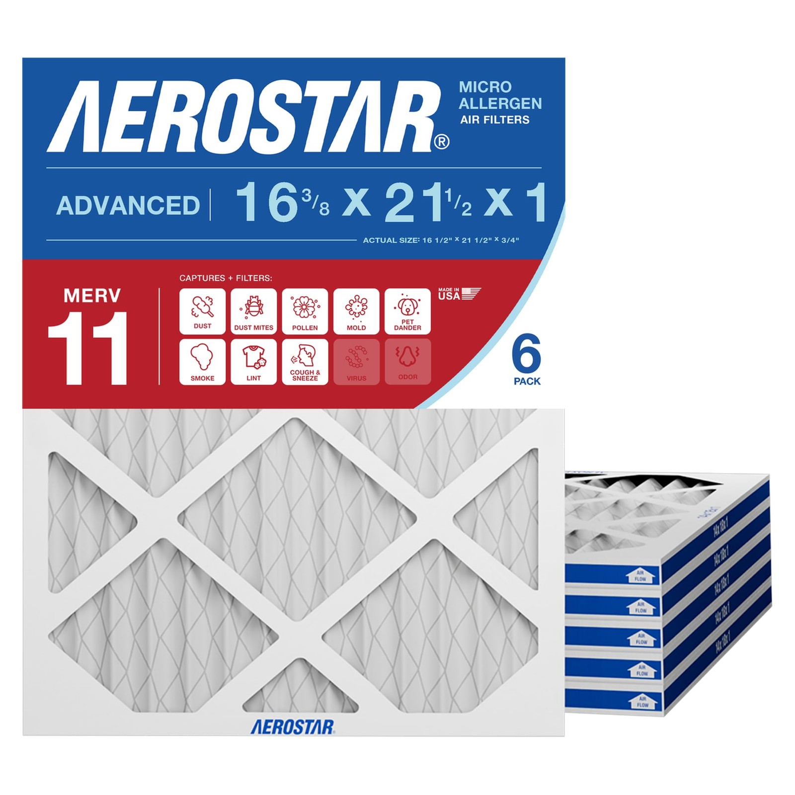 Aerostar 16.375×21.5×1 MERV 11 – 6 Count – Pleated HVAC, 6 PACK, 11