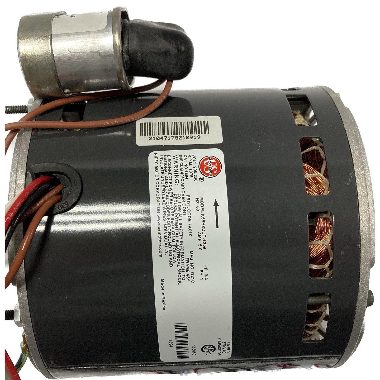 US Motor 3/4 hp 1075 rpm, 6 Poles 2 Shaft OAO 3 Speed 5.6 diameter, CCW 208-230