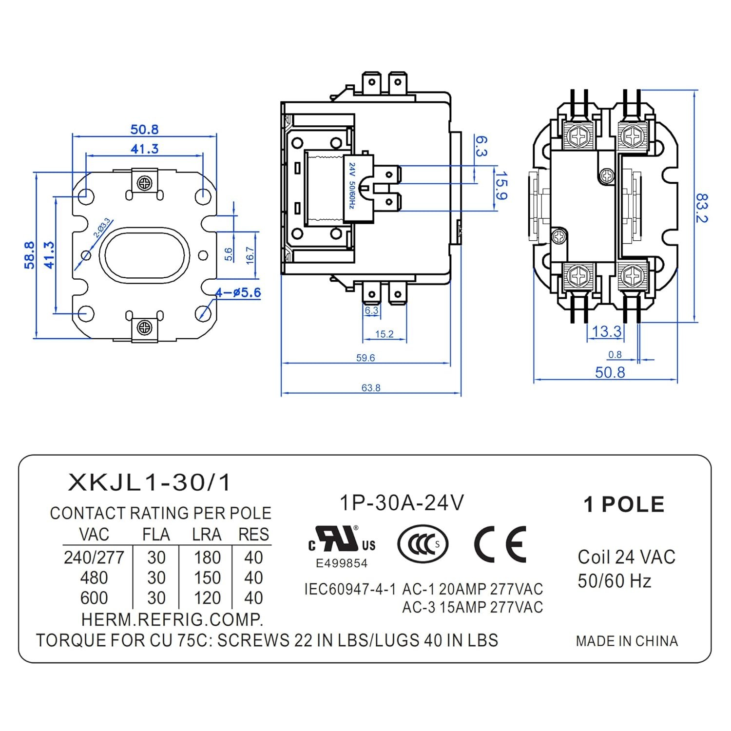 Carrier HVAC Motor Contactor, 24V 30 Amp Coil 1 Pole Replacement Relays(4 Packs)