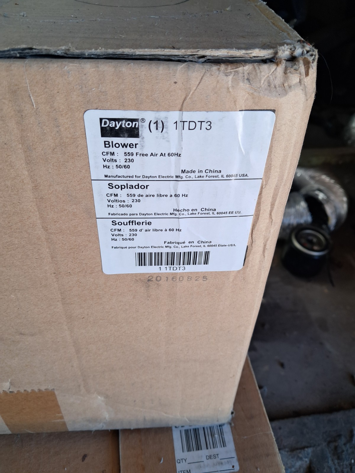 DAYTON 1TDT3 Blower,559 cfm,230V,0.98A,1600 rpm 1TDT3