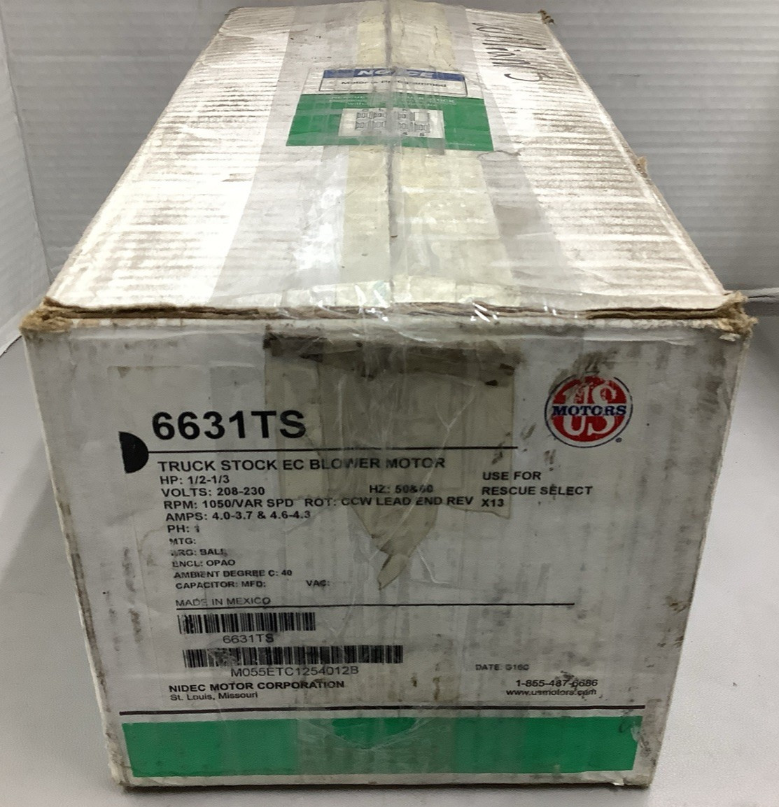 U.S. Motors 6631TS M055PWETC-1254 1/3-1/2HP 1050RPM Blower Motor (R108)