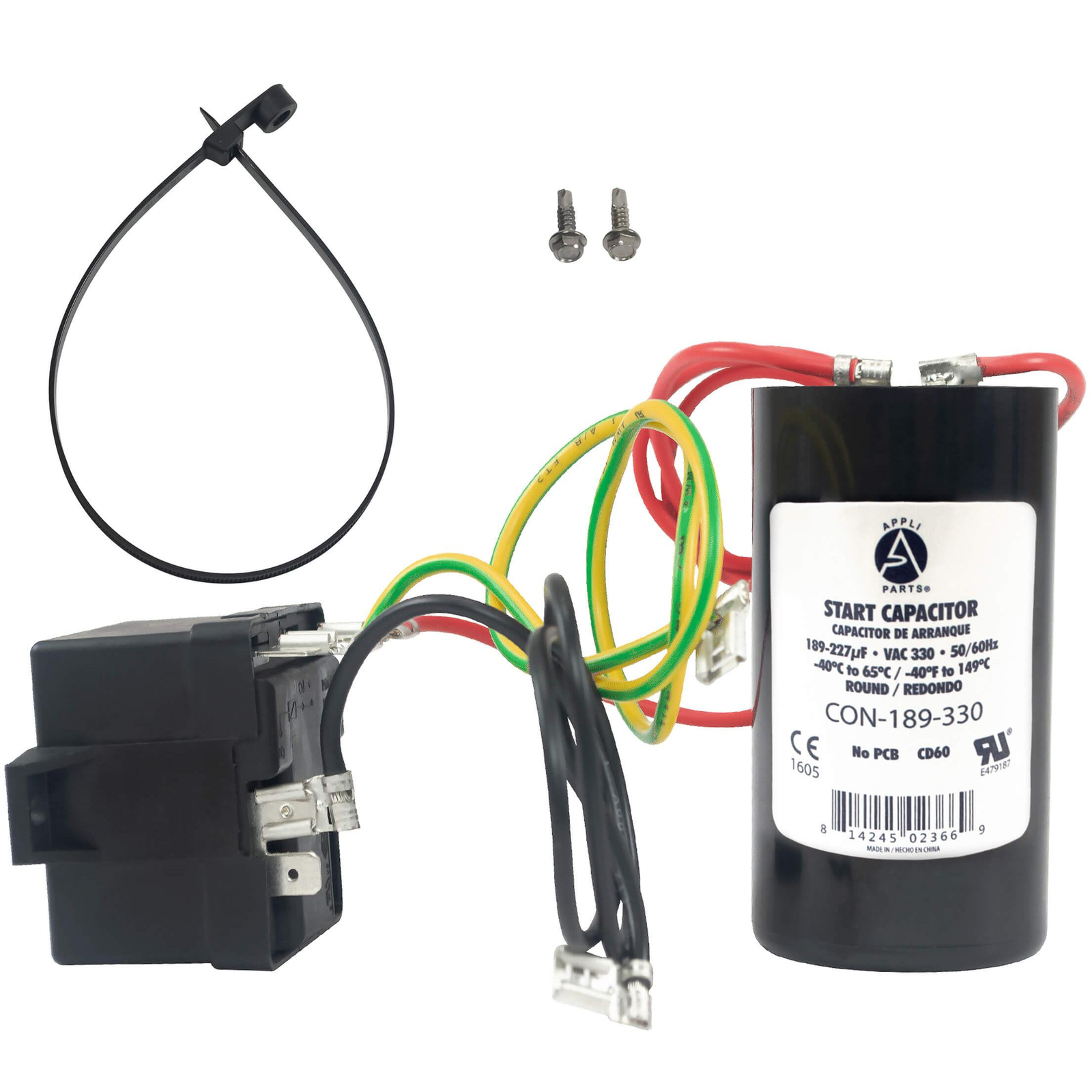 Appli Parts Hard Start kit for air conditioner includes Capacitor 189-227MFD 330