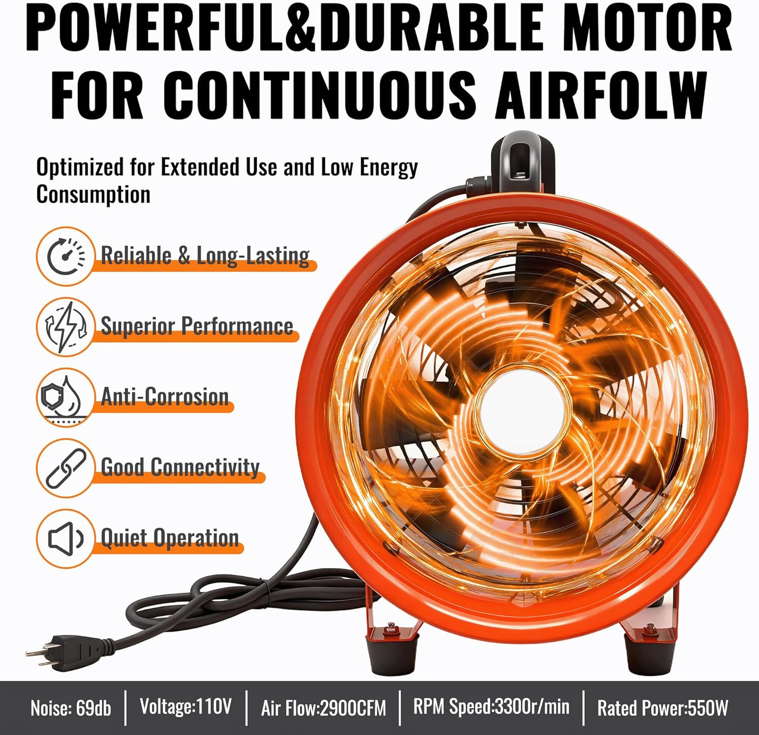 12-Inch Utility Blower Fan with 25Ft Duct – 3300 RPM High Airflow, Low-Noise 69D