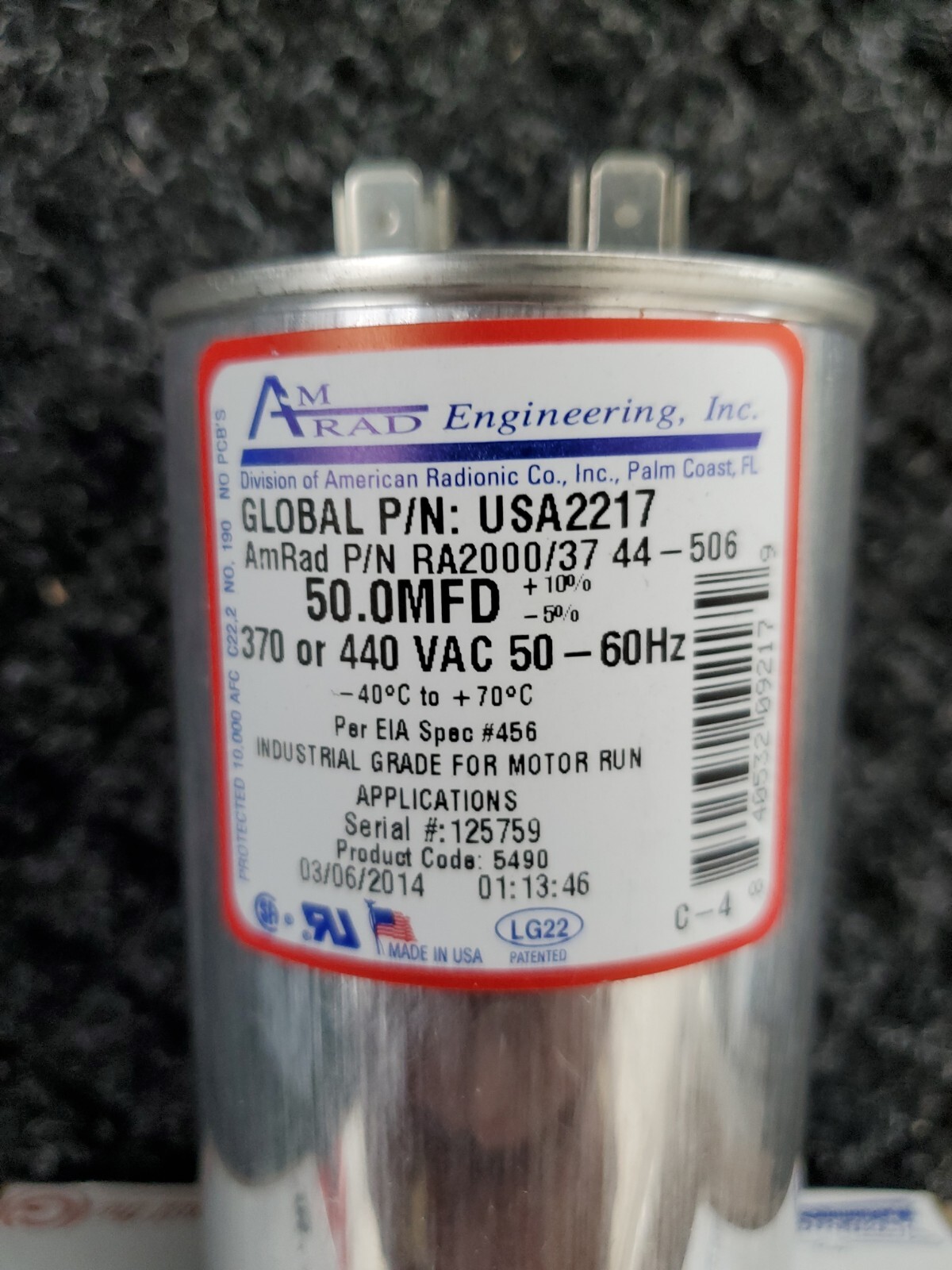 AmRad USA2217 Round Run Capacitor 50 uF MFD 370 / 440 Volt Made in USA
